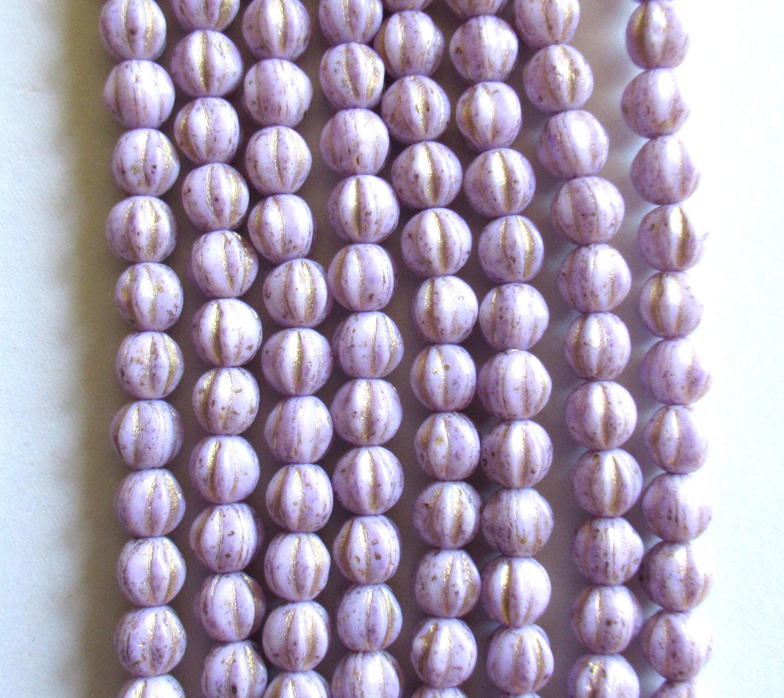 25 Czech glass melon bead - 6mm - opaque purple, lavender or lilac with gold accents - C00901