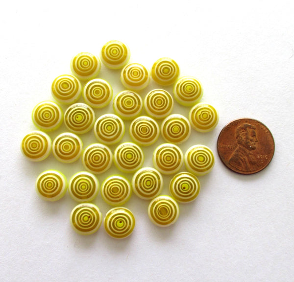 Ten 10mm glass coin beads - yellow and white disc beads - target or concentric circles beads - C0001