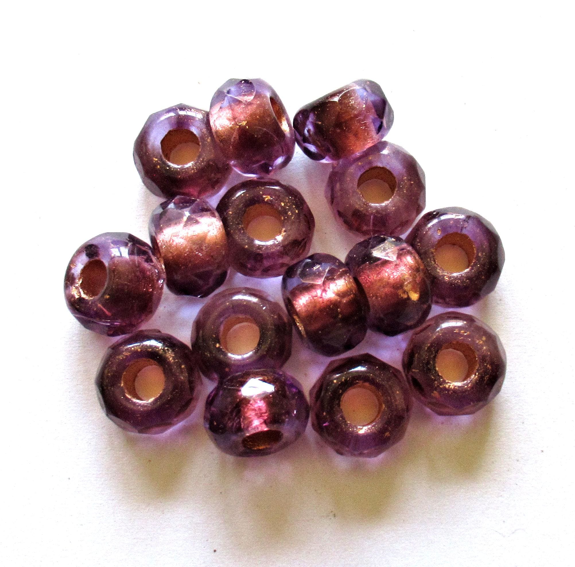 Five faceted Czech glass roller or rondelle beads - 12 x 8mm - wine red / burgundy copper lined - big 5mm holes - focal beads 00661