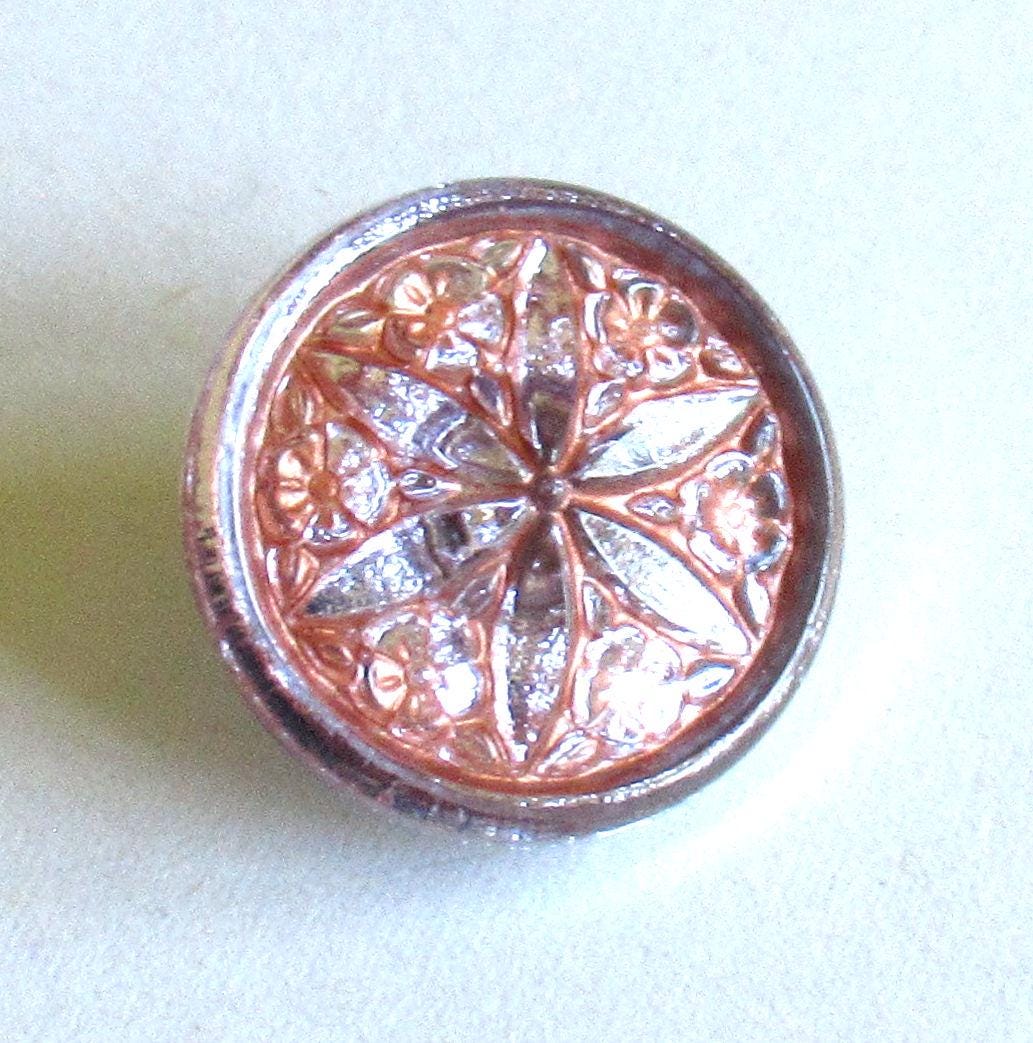One 18mm Czech glass flower button - pink w/ a copper wash - decorative art glass shank buttons - 00392