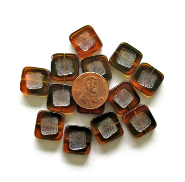 Ten large Czech glass square beads - light & dark topaz brown - 14 x 14mm - table cut carved - chunky rustic beads - C05201