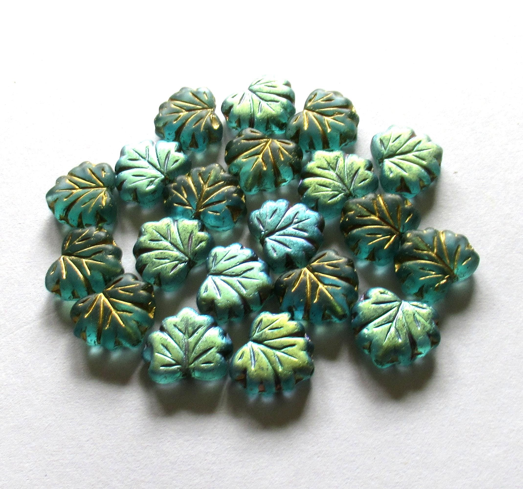 10 Czech glass maple leaf beads - teal blue green w/ rainbow AB finish & gold accents - 13 x 11mm - 00521