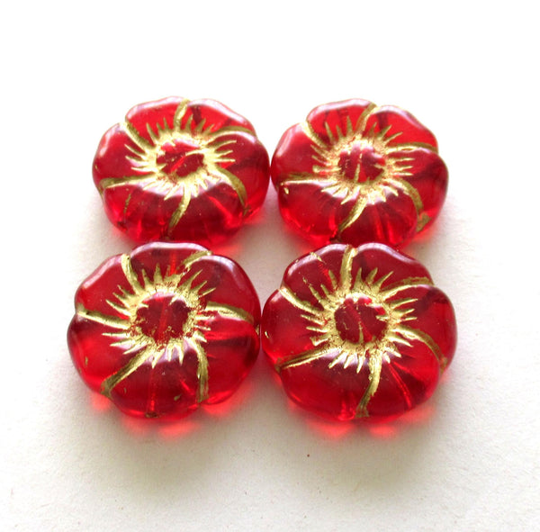Two large 22mm Czech glass flower beads - transparent siam red beads with gold accents - pressed focal or statement beads - 00011