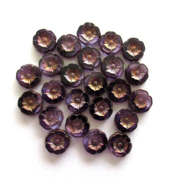 Twelve 12mm Czech glass flower beads - transparent purple tanzanite beads w/ bronze accents - Hawaiian hibiscus table cut carved beads 00112