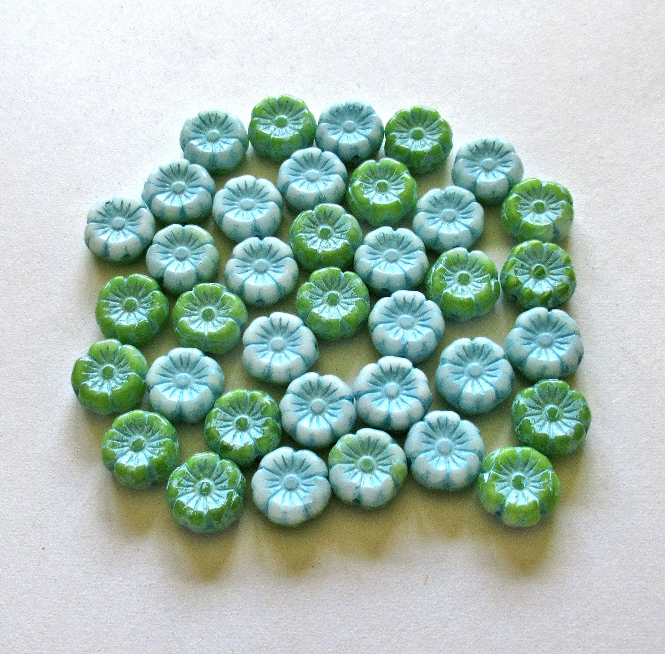 15 Czech glass flower beads - 8mm - opaque light blue &green mix w/ a blue wash - pressed floral beads - C00221