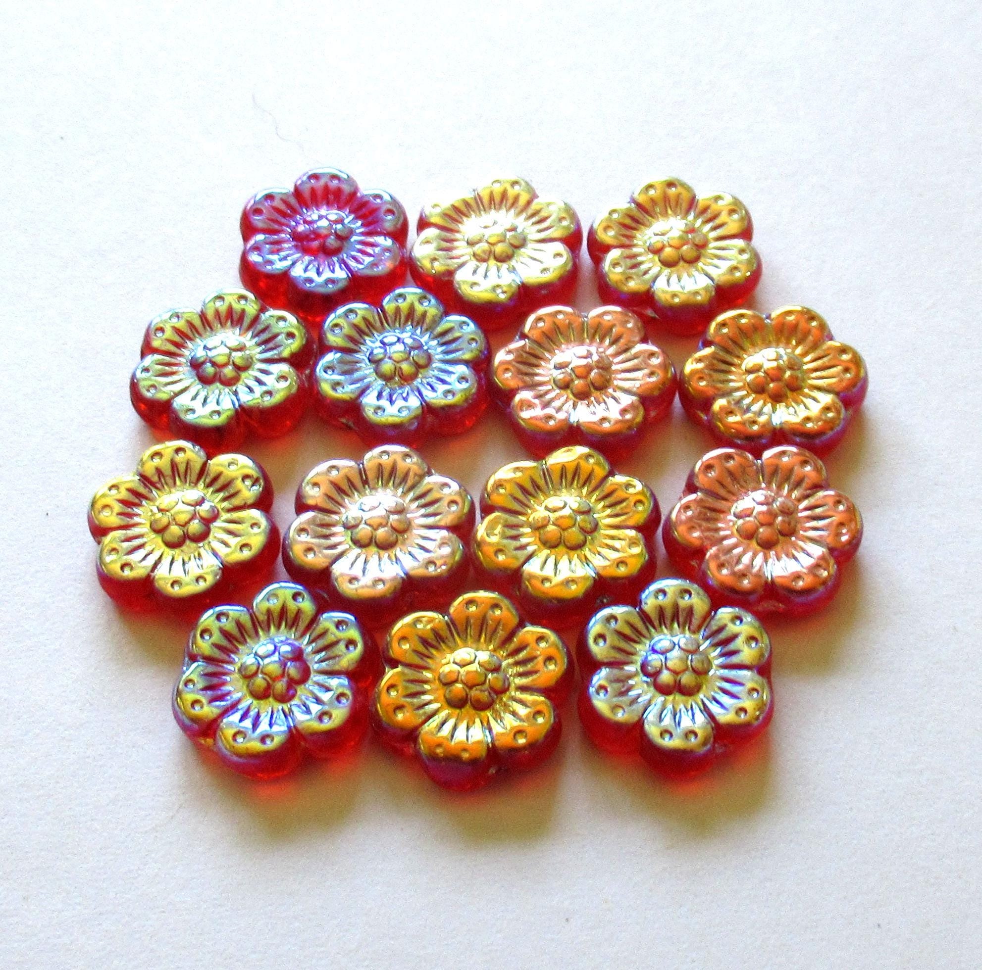 Ten Czech glass wild rose flower beads - 14mm - orange red w/ 2 x rainbow AB accents - C000131