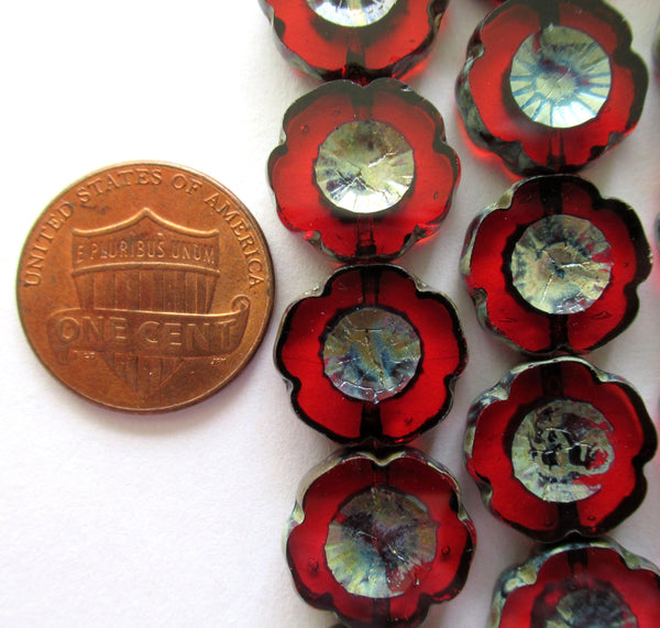 Six 14mm Czech glass flower beads - transparent garnet ruby red picasso beads - table cut & carved Hawaiian hibiscus floral beads - C00021