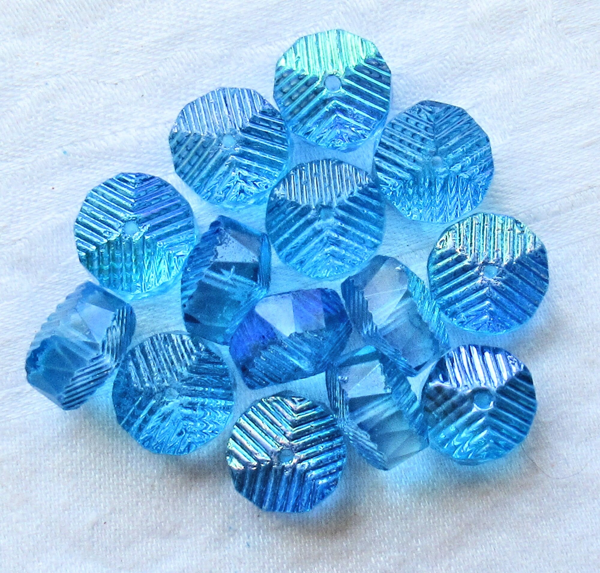 Six Czech glass faceted wavy rondelle beads - large 14 x 6mm aqua blue AB chunky rondelles - C38101