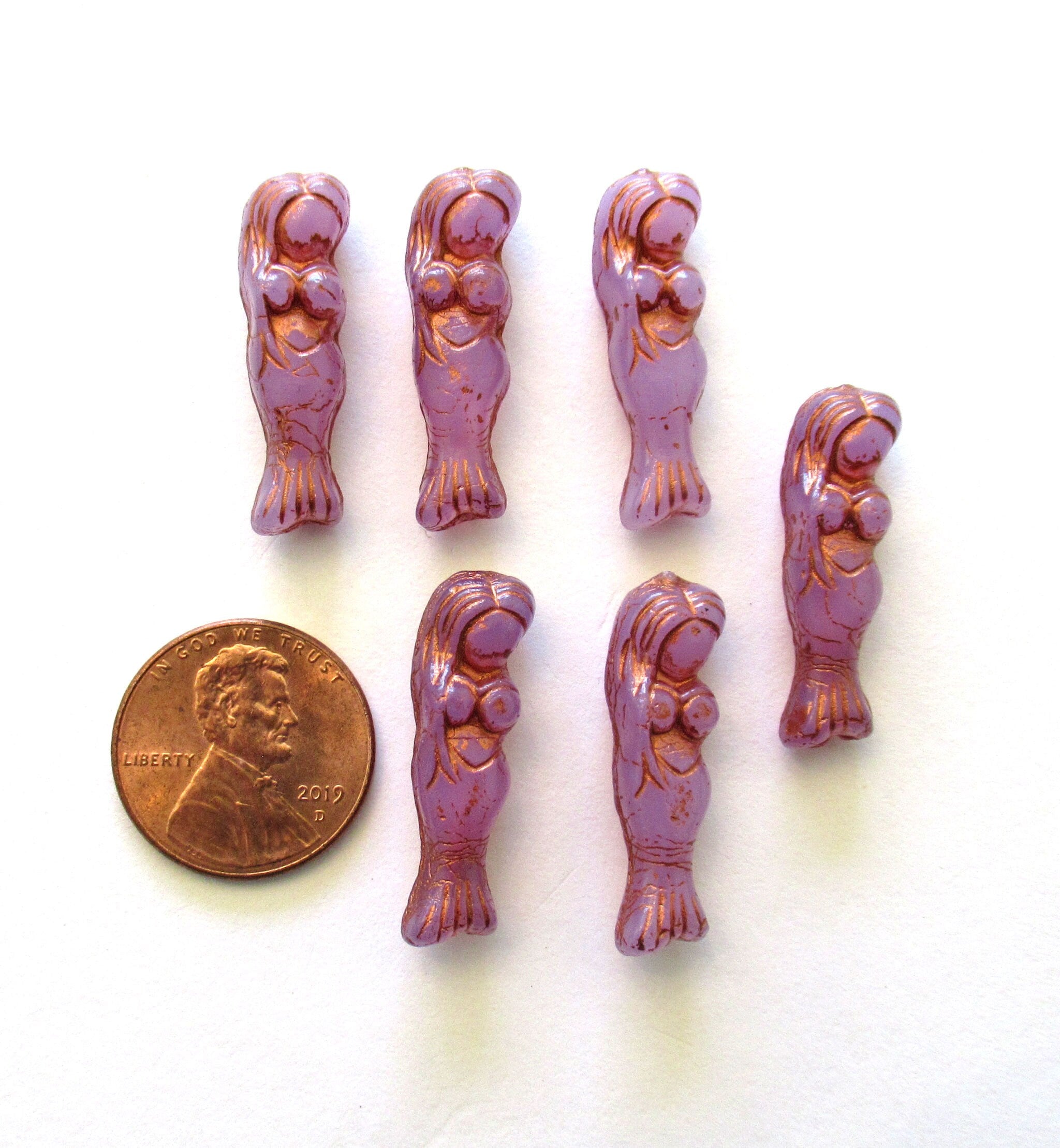 6 Czech glass mermaid or goddess beads - 25 x 5mm translucent lavender beads with a copper wash - C00442
