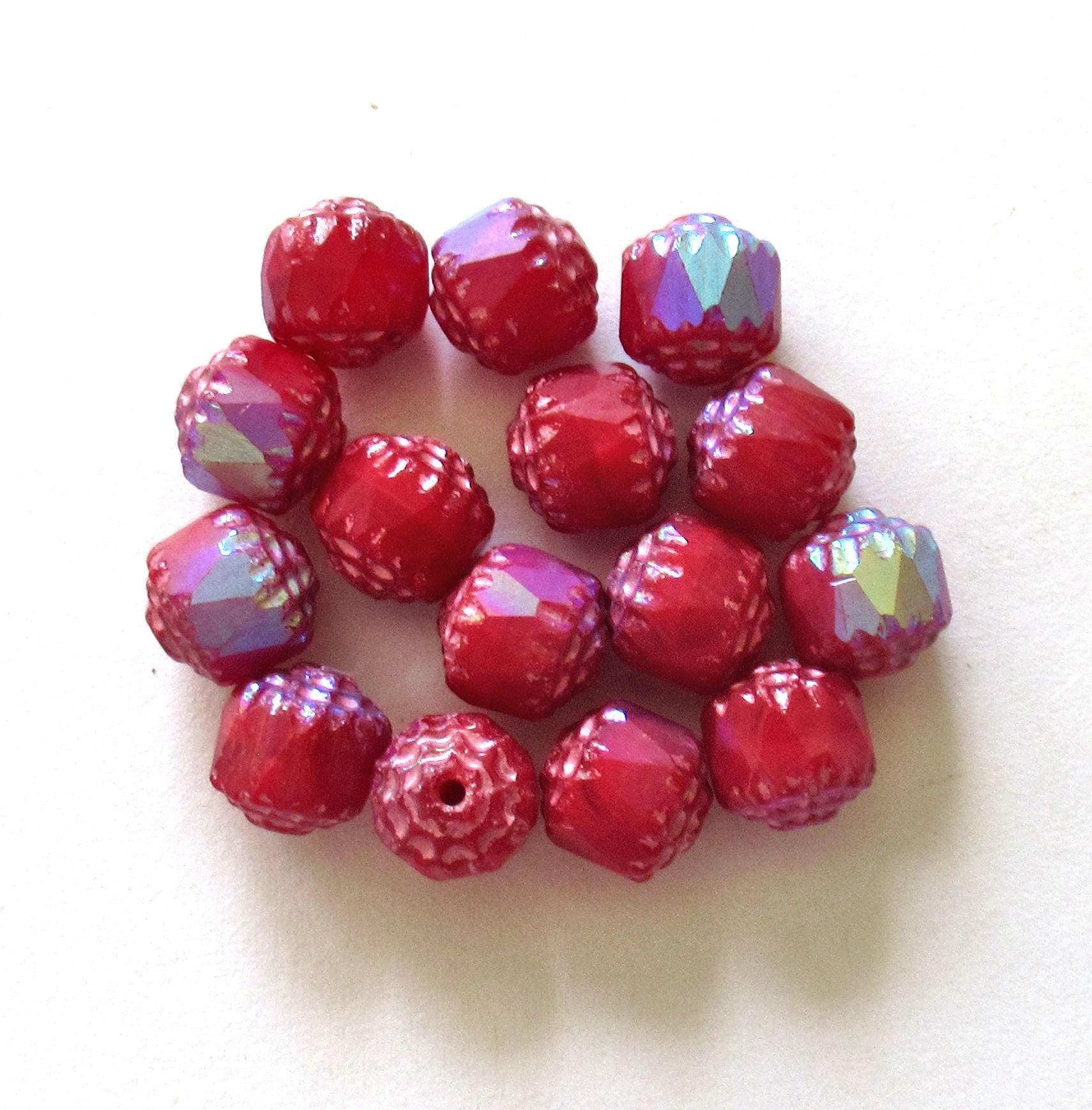 Lot of 15 8mm Czech glass cathedral beads - opaque red w/ AB accents - faceted fire polished antique cut beads C00761
