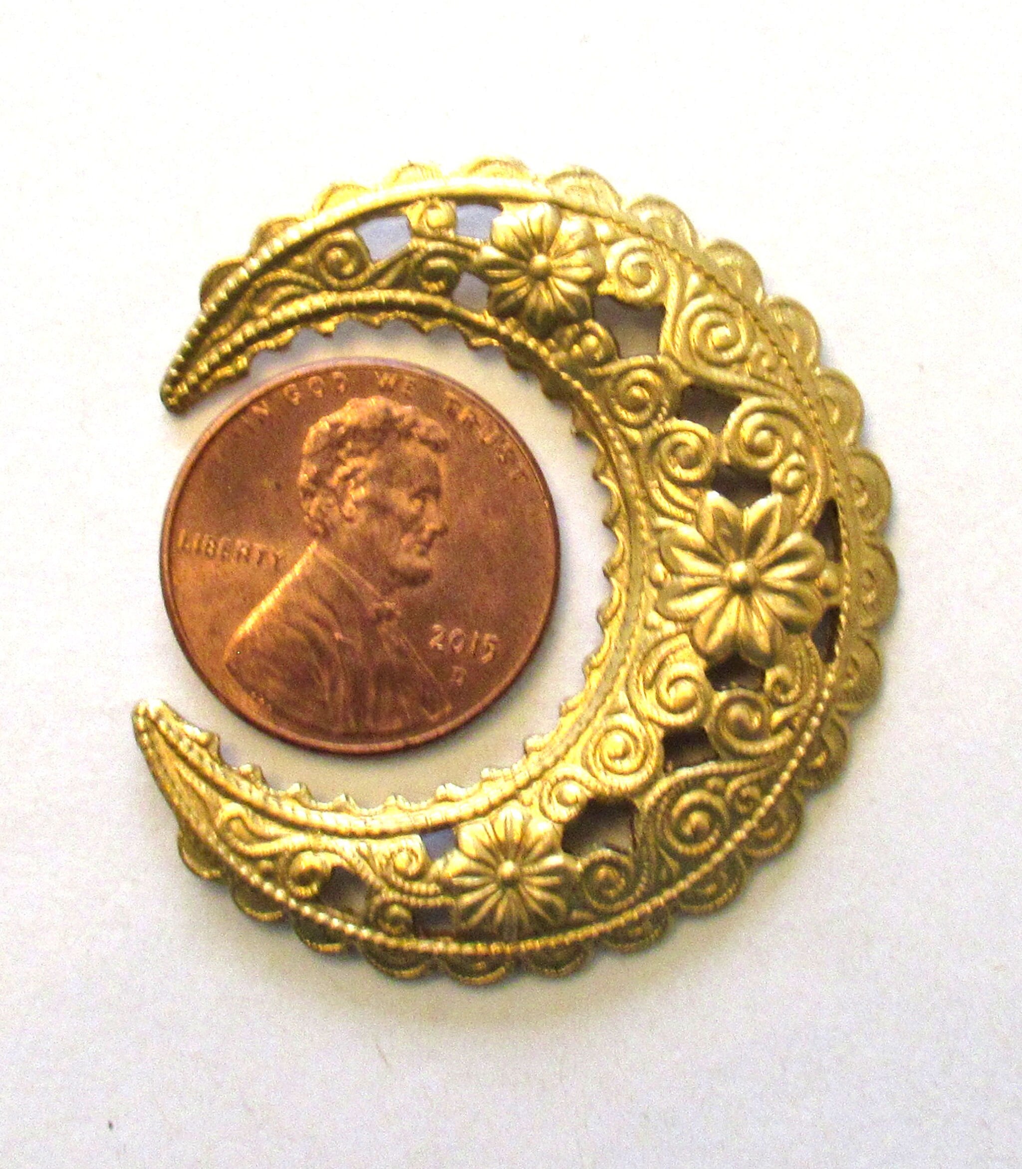 4 crescent raw brass stampings - ornate Victorian pendants - charms - connectors - earring - ornaments - 1.5" inches - USA made C00043