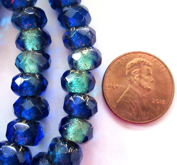 Ten faceted Czech glass roller or rondelle beads - sapphire & aqua blue gold lined - 9 x 6mm - big 3mm holes - big hole donut beads 00911