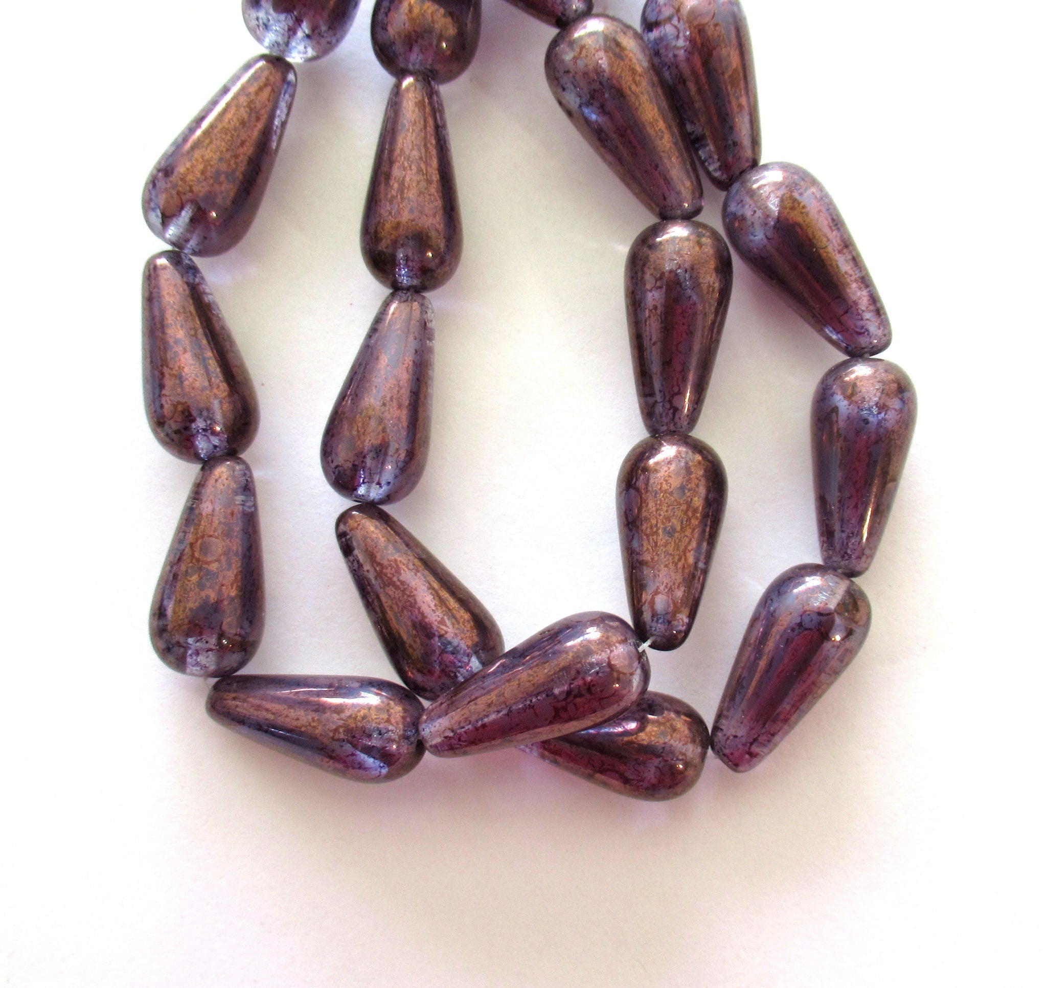 Six Czech glass teardrop beads - amethyst / purple with a bronze finish - 9 x 20mm elongated tear drops 00311