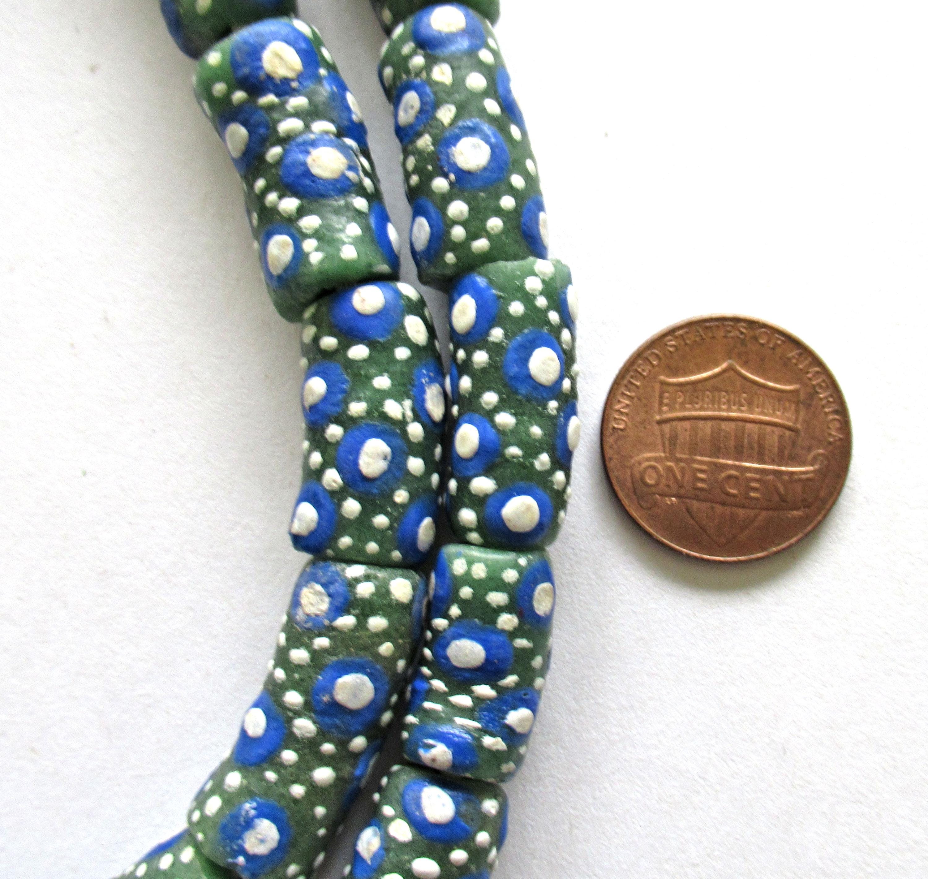 5 African Ghana glass curved tube beads - green beads w/ white& blue dots - 21 - 15.5mm by 9 - 10.5mm - big hole rustic beads - C00161