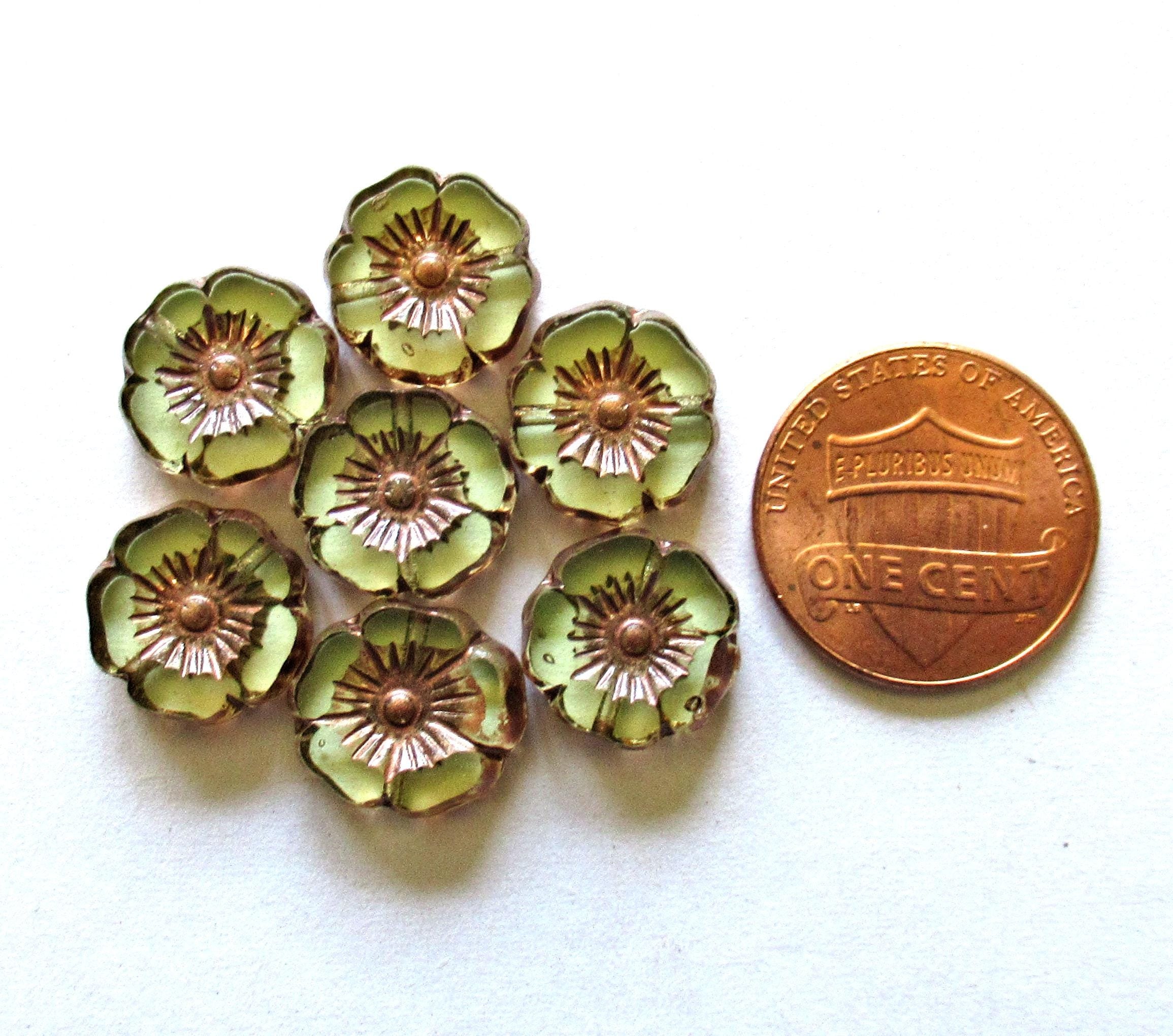 10 Czech flower beads - 12mm - table cut - carved - clear Vaseline glass with a picasso accents - Hawaiian hibiscus floral beads C00981