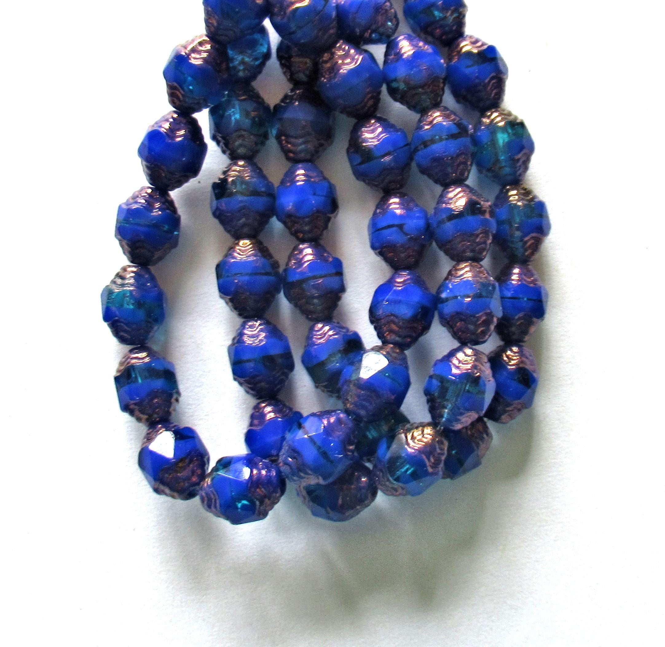 15 Czech glass mini antique style faceted oval beads - 8 x 6mm - blue mix with bronze accents - cathedral beads - C00892