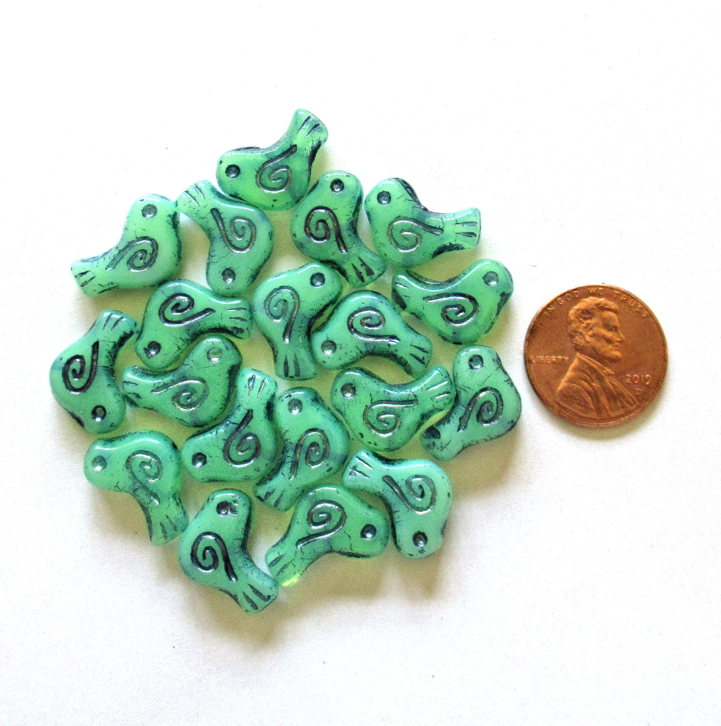 8 Czech glass bird beads - 12 x 16mm - translucent green opal with a blue wash - Vaseline / uranium glass beads C0621