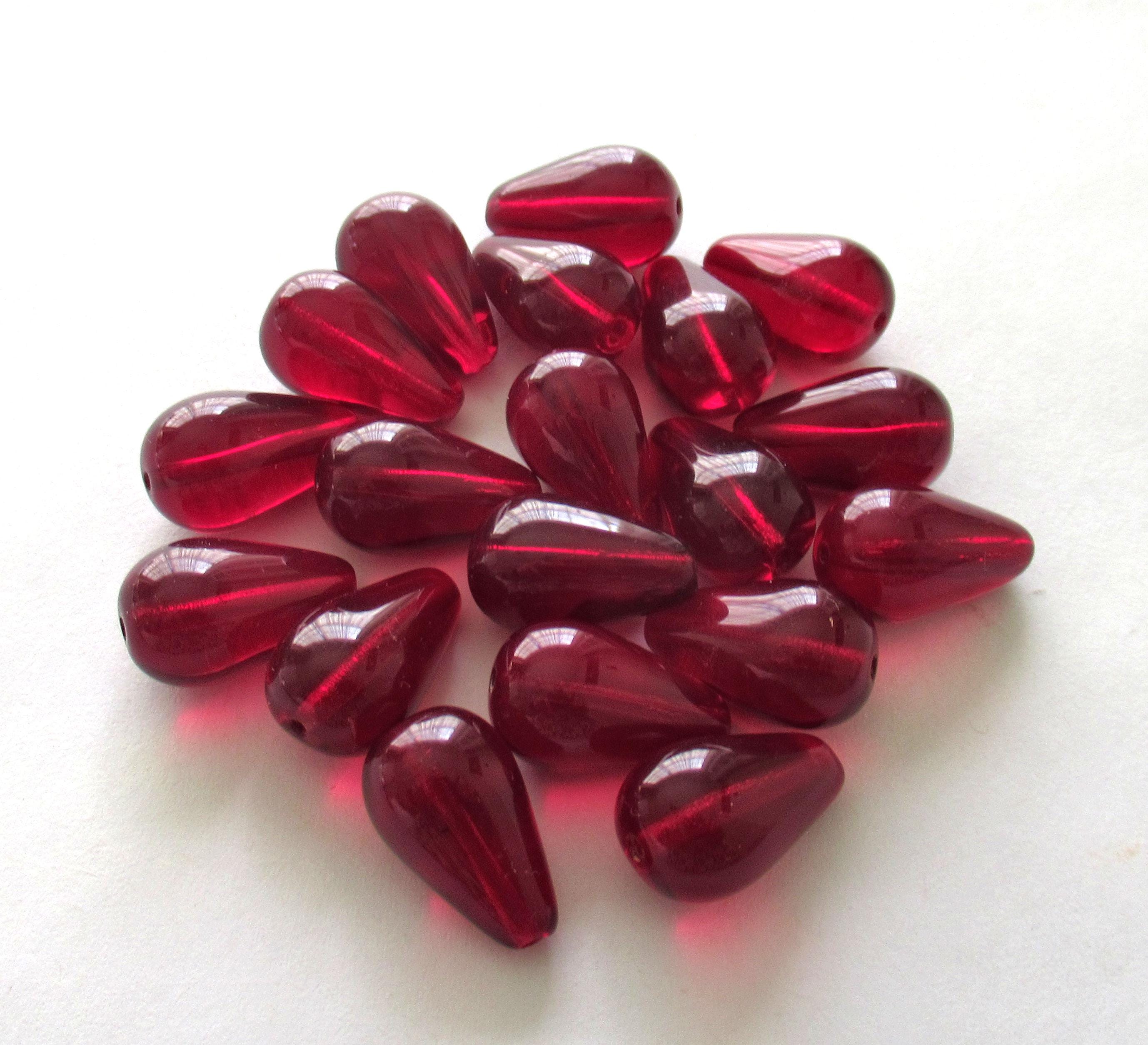 Ten large Czech glass teardrop beads - 11 x 18mm light garnet red pressed glass drops C0046