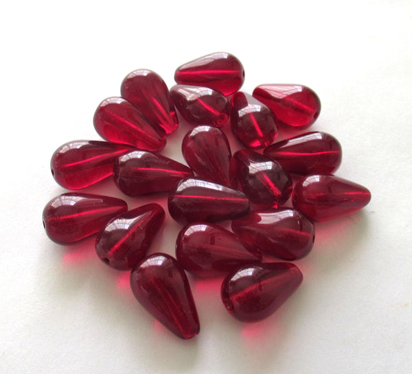 Ten large Czech glass teardrop beads - 11 x 18mm light garnet red pressed glass drops C0046