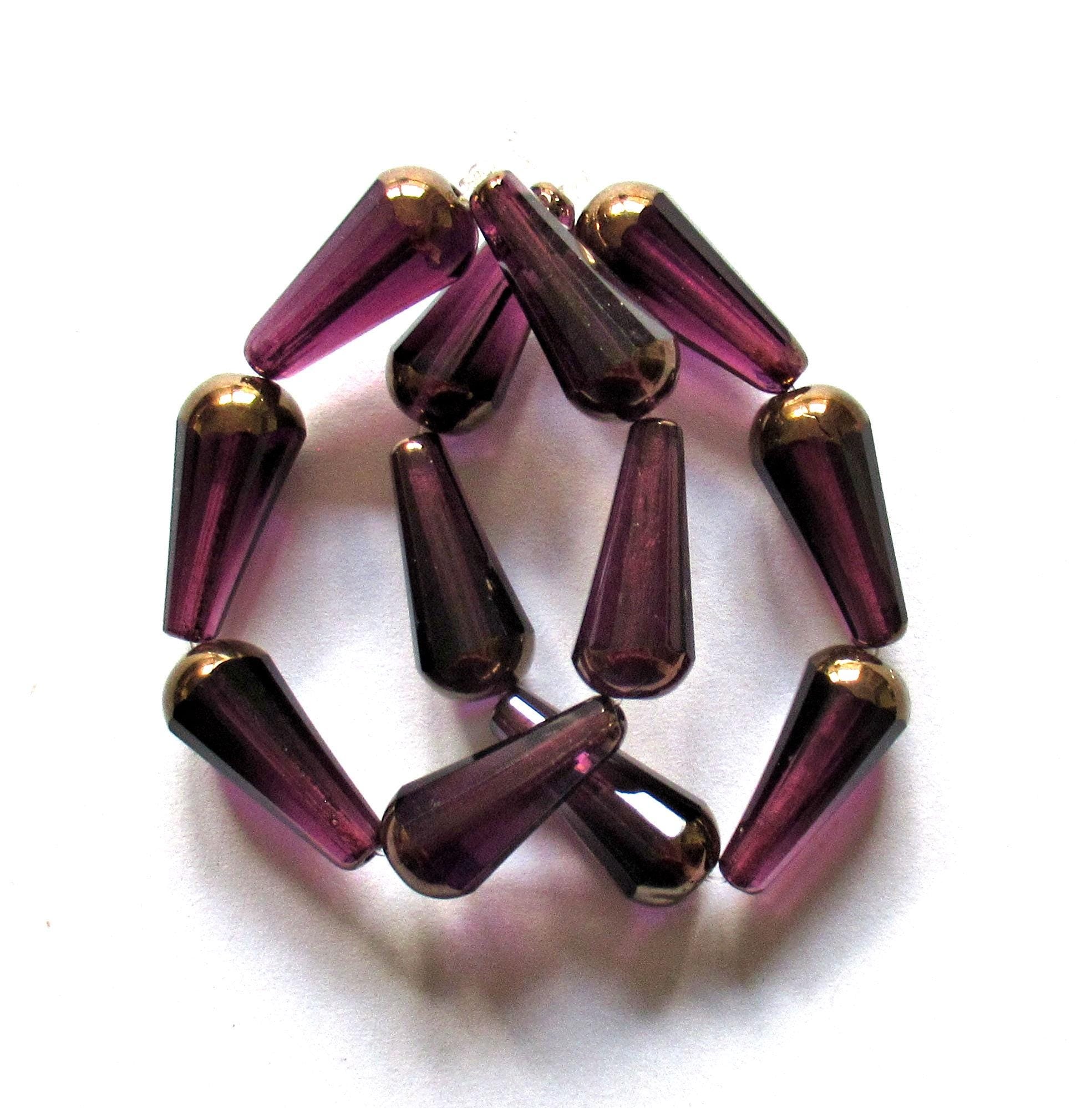 Six Czech glass long faceted teardrop beads - amethyst purple w/ a bronze picasso finish on the ends - 9 x 20mm drop beads - 0513