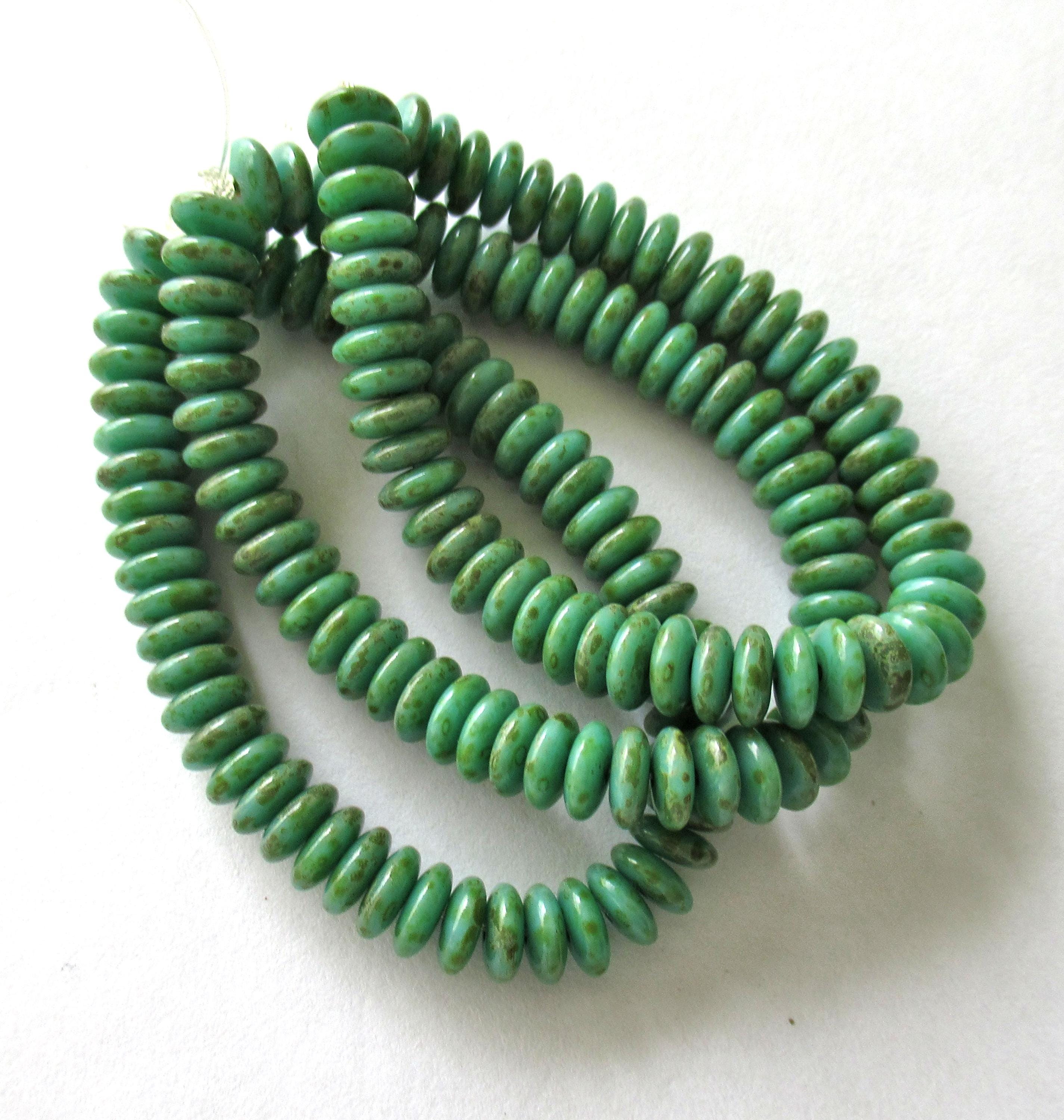 Fifty 6mm Czech glass rondelle spacer beads - turquoise green picasso - flat spacers or rondelles C00331