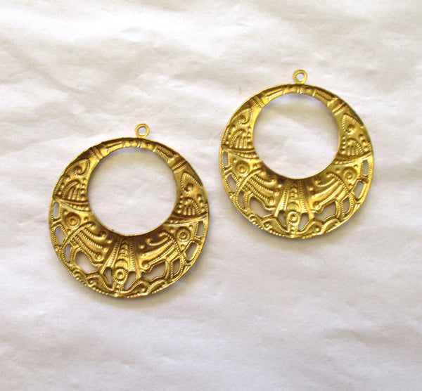 2 Raw Brass Stampings - ornate dangles - charms - drops - earrings 36mm - made in the USA C00542