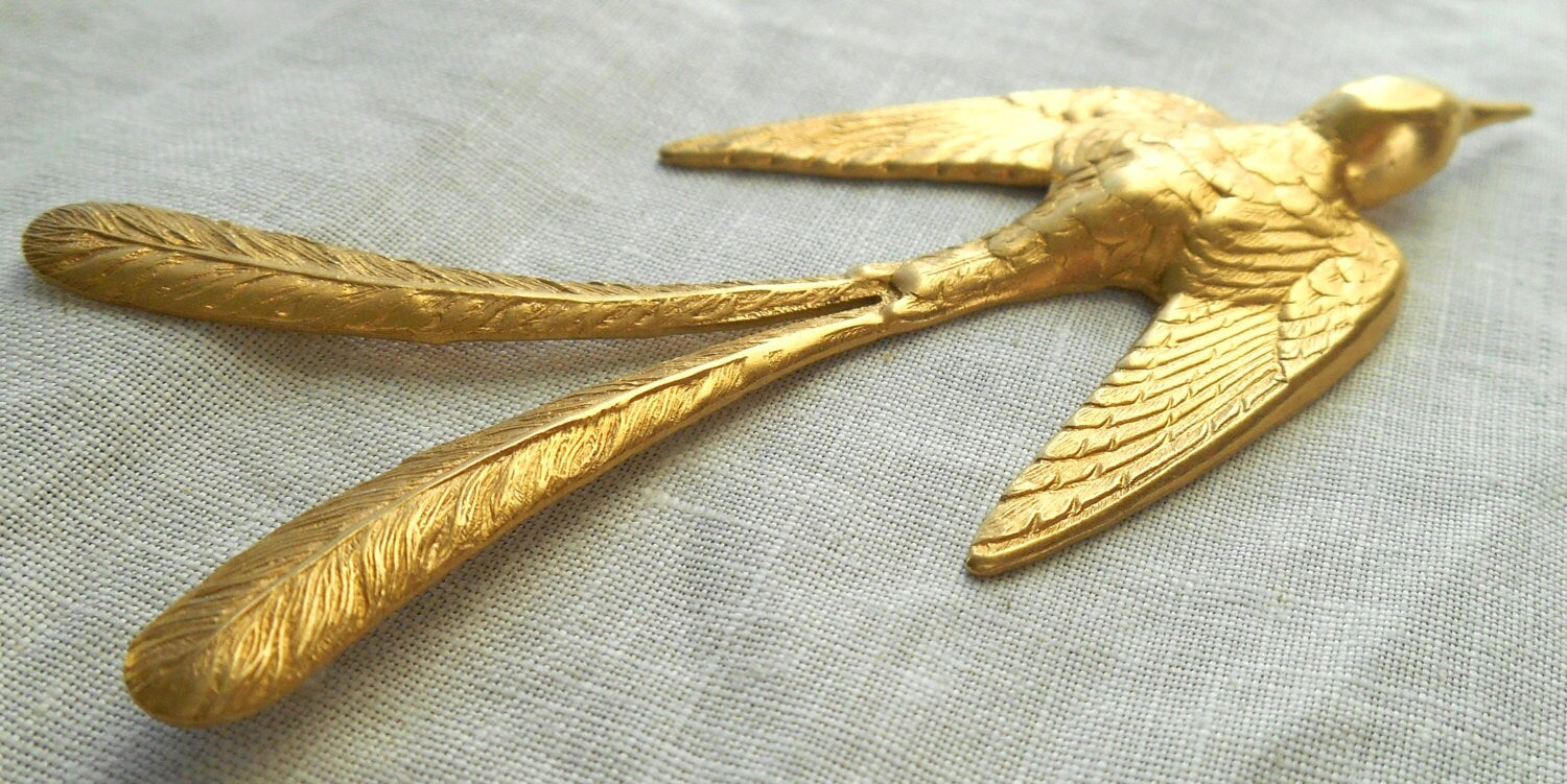 1 large raw brass stamping, art nouveau, elongated flying bird, pendant, charm, ornament, connector 3.5" x 1.37" USA msde C1901 - Glorious Glass Beads