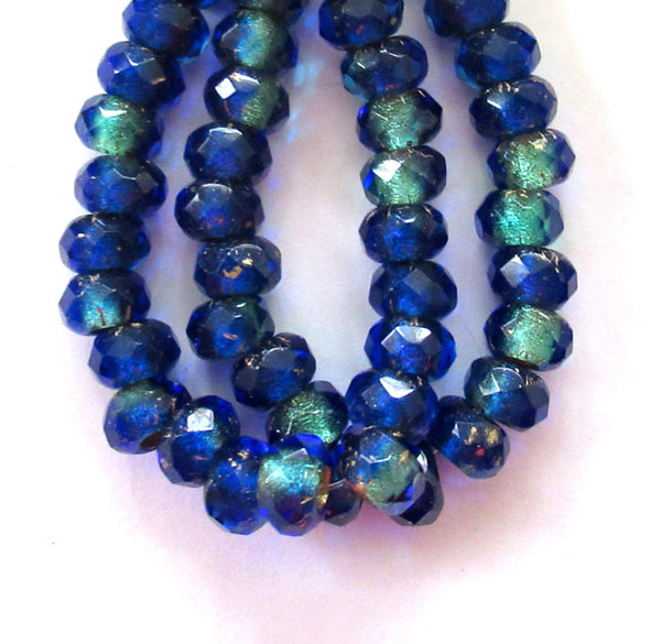 Ten faceted Czech glass roller or rondelle beads - sapphire & aqua blue gold lined - 9 x 6mm - big 3mm holes - big hole donut beads 00911