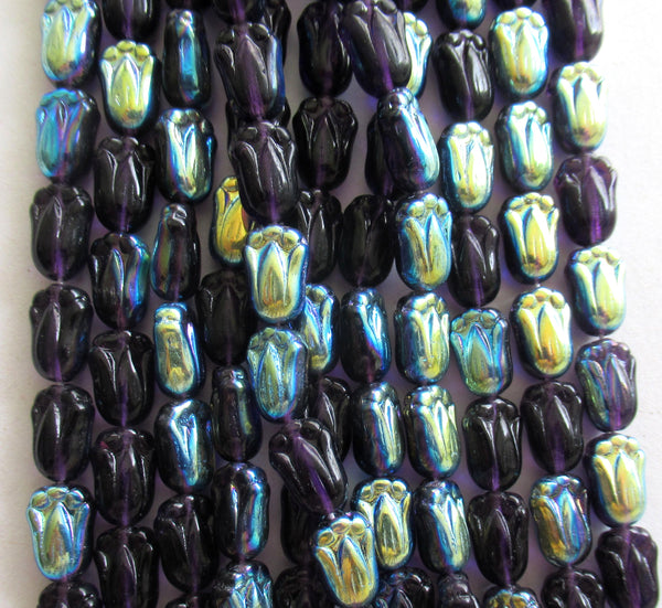 25 Czech glass tulip flower beads - tanzanite purple ab - 12 x 8mm - pressed glass beads - C00096