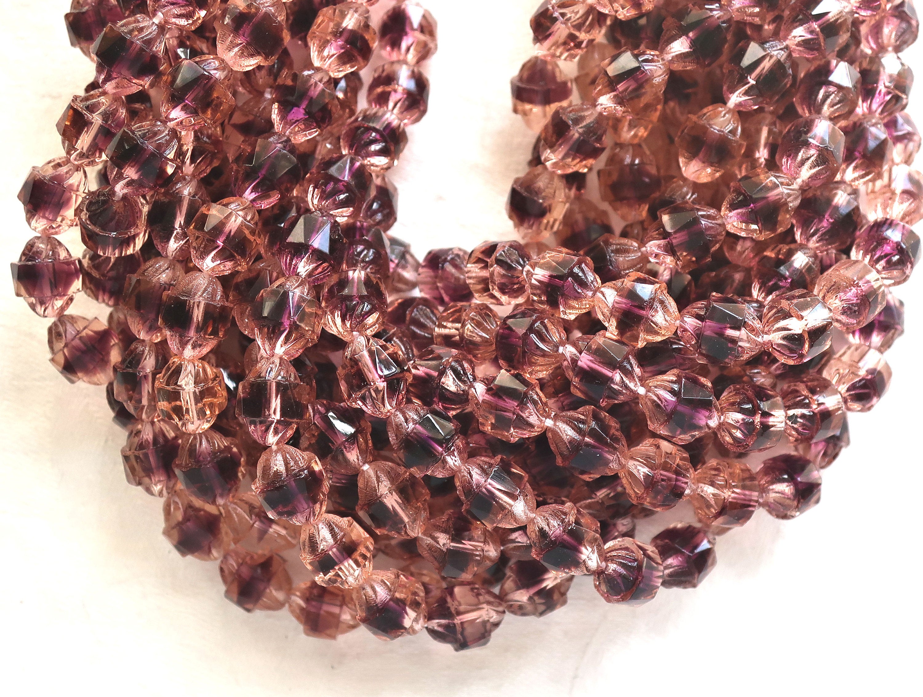 Lot of ten Czech glass antique cut turbine beads, 10 x 8mm transparent purple, amethyst & rosaline pink mix beads 7801