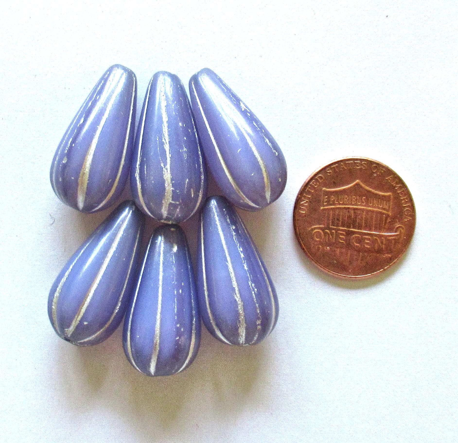 Six large Czech glass teardrop melon beads - milky lavender purple lilac opal w/ silver accents - 22 x 11mm tear drops - 00022