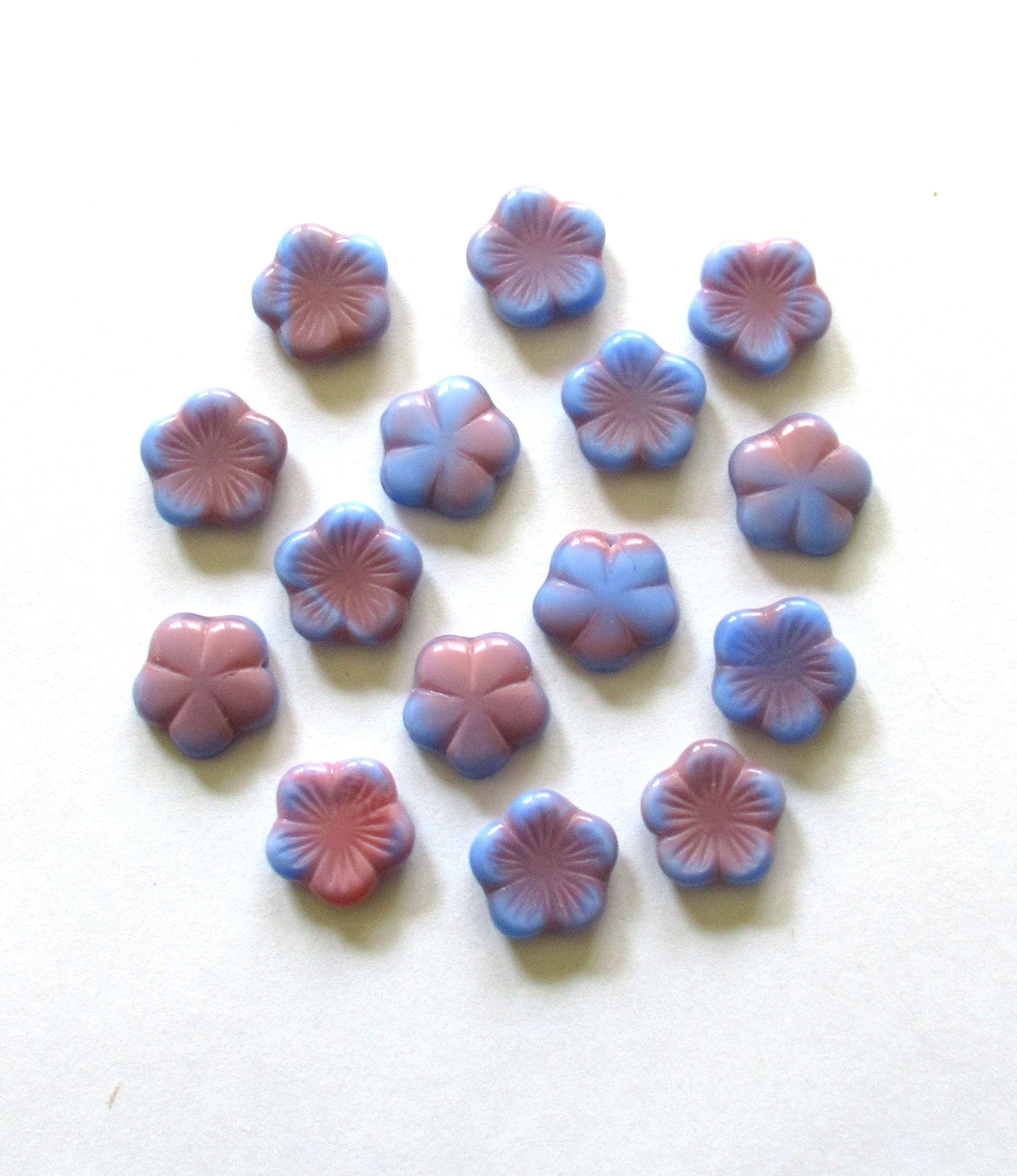 Ten 14mm Czech glass flower beads - opaque blue & pink pressed floral beads - C0661