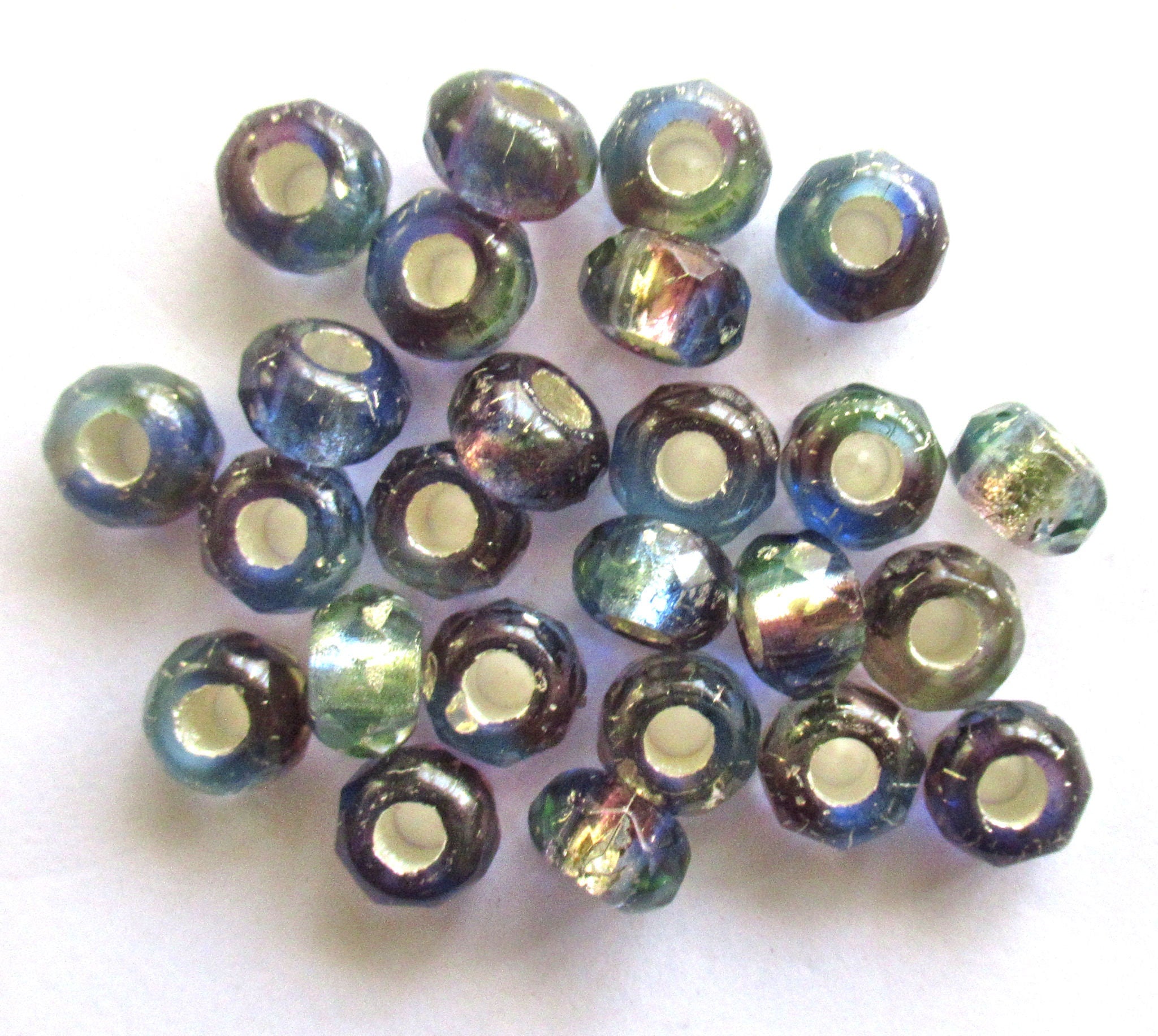 Ten Czech glass roller beads - 9 x 6mm purple blue color mix, silver lined, faceted roller, rondelle, big 3.5mm hole beads C00801