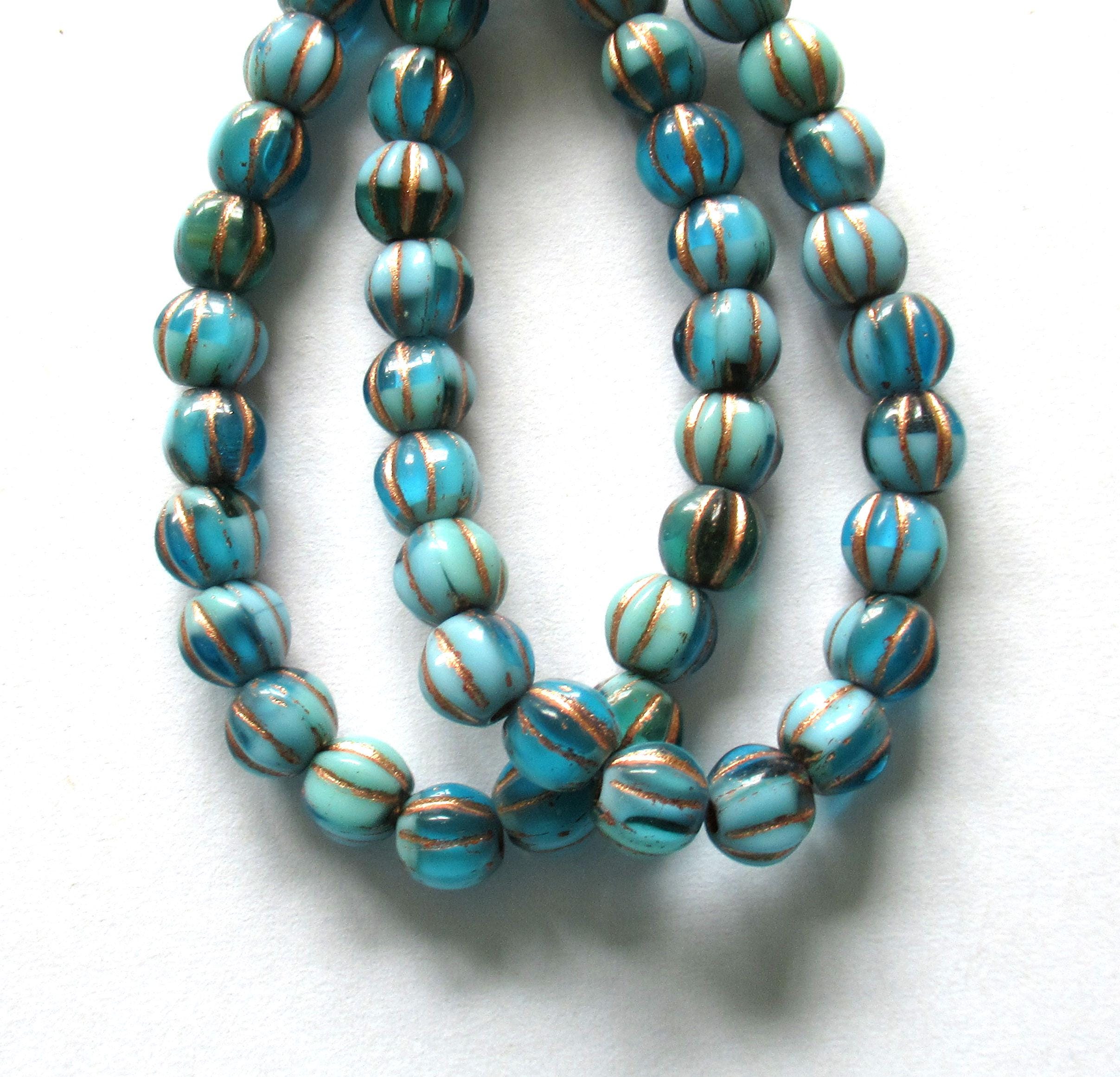 25 Czech glass big hole melon beads - 6mm - opaque & transparent blue with bronze accents - C00601