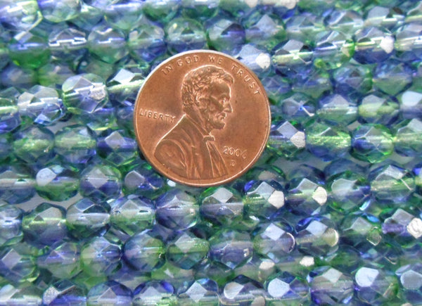 25 6mm Czech Blueberry Green Tea, blue and green dual coated glass beads, round faceted firepolished beads, C6425
