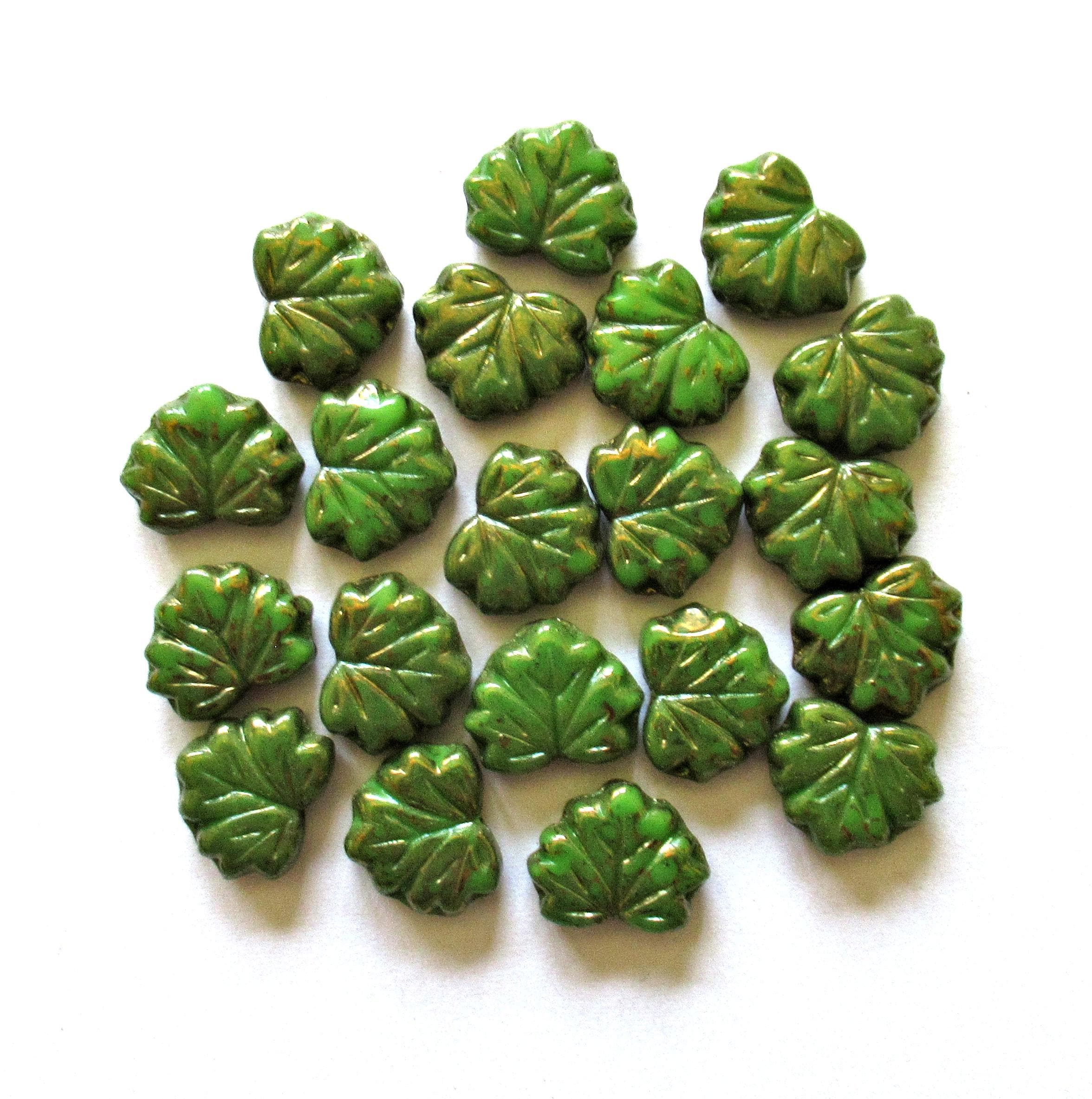 10 Czech glass maple leaf beads - opaque avocado green with a gold luster finish - 13 x 11mm - 00851