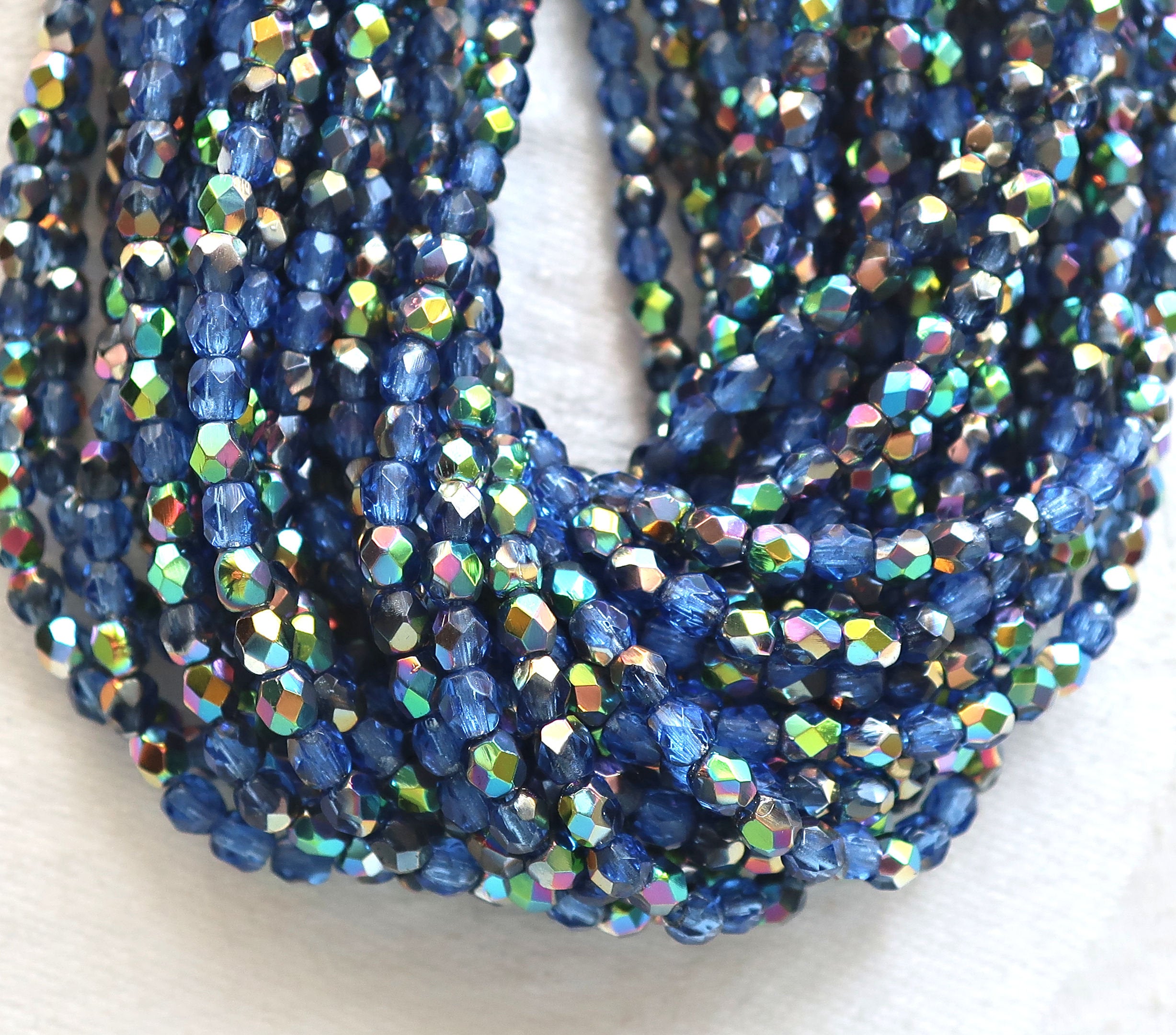 Lot of 50 3mm Sapphire Blue Vitral Czech glass beads, firepolished faceted round beads C8450
