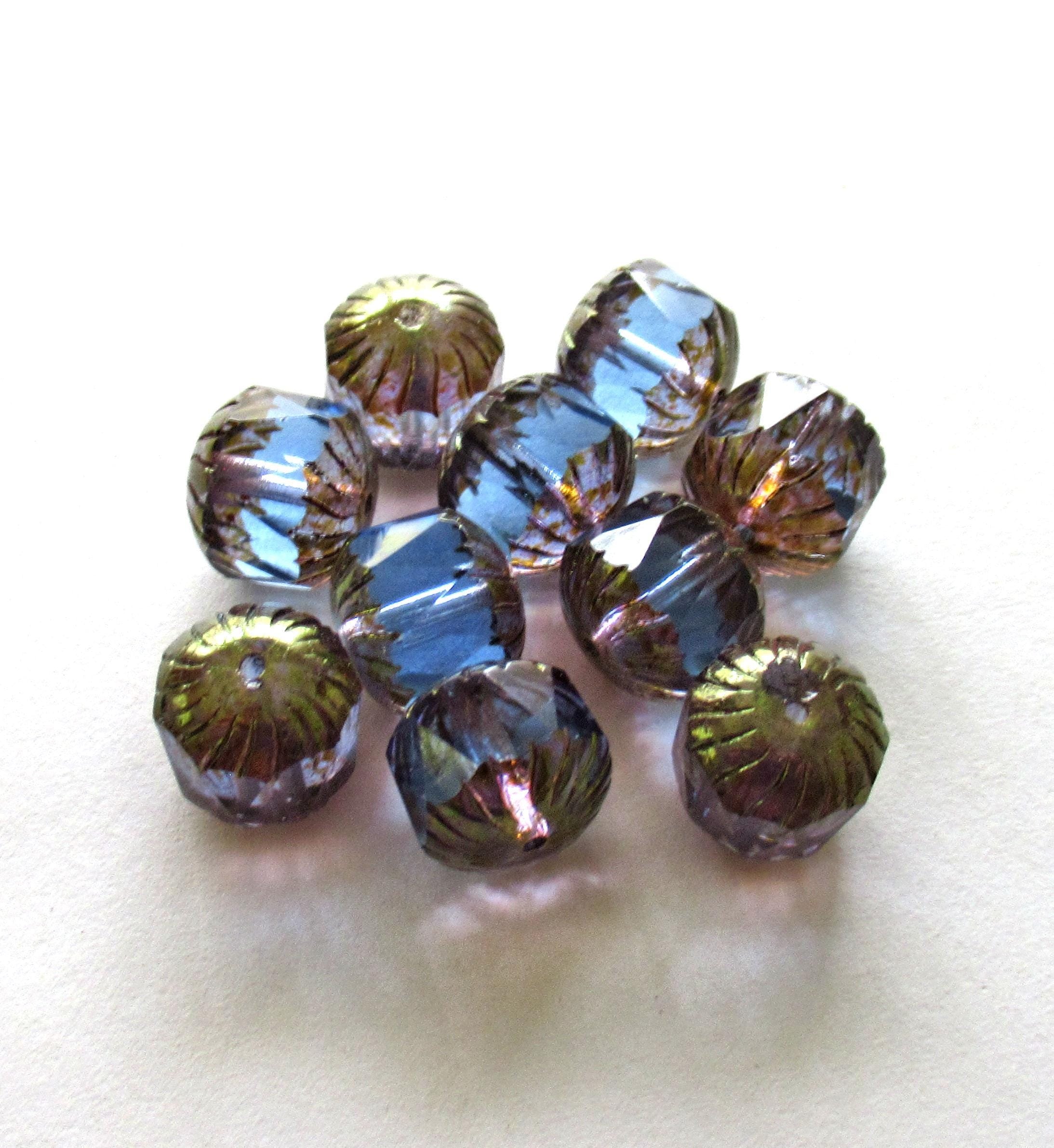 Ten large Czech glass center faceted carved cruller beads - 10mm - round light sapphire blue cathedral beads bronze picasso accents - 00064