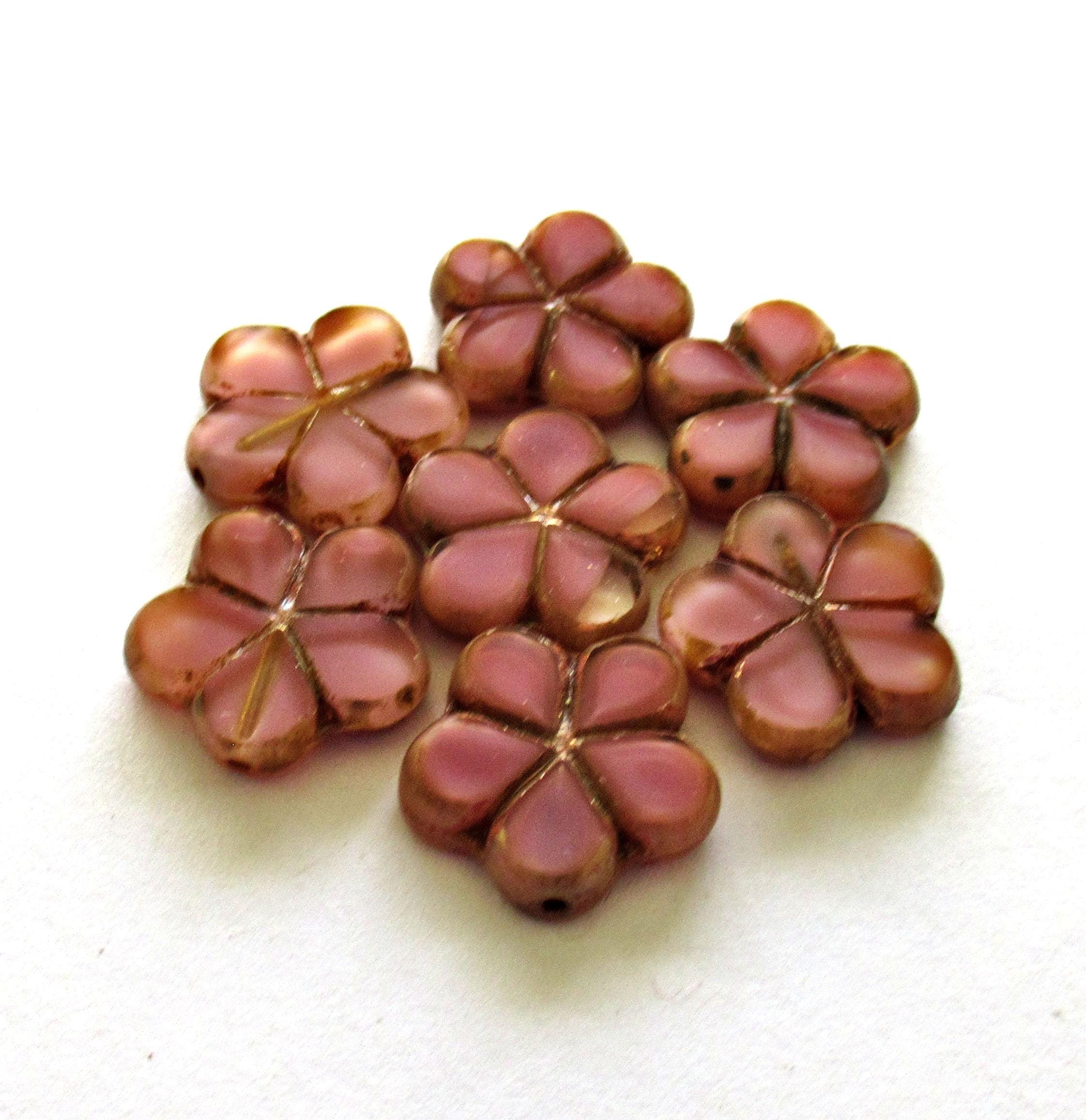 5 Czech glass flower beads - 17mm - translucent pink with brown picasso accents - table cut carved beads - 00561