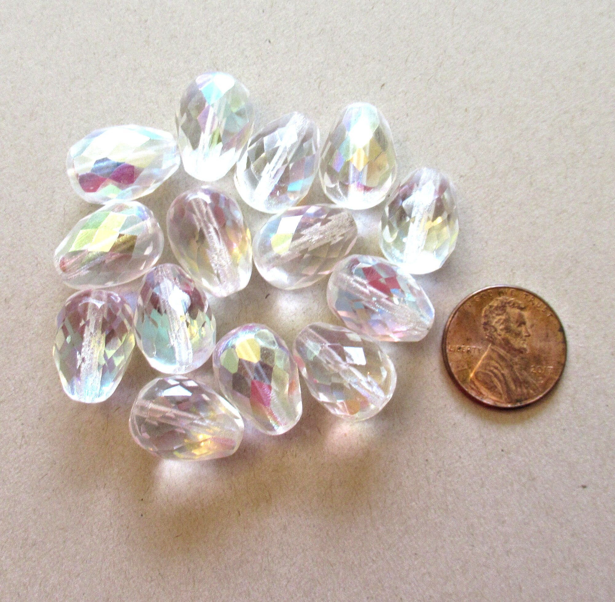Six large Czech glass teardrop beads - Crystal AB - 16 x 12mm faceted fire polished drop beads C00602