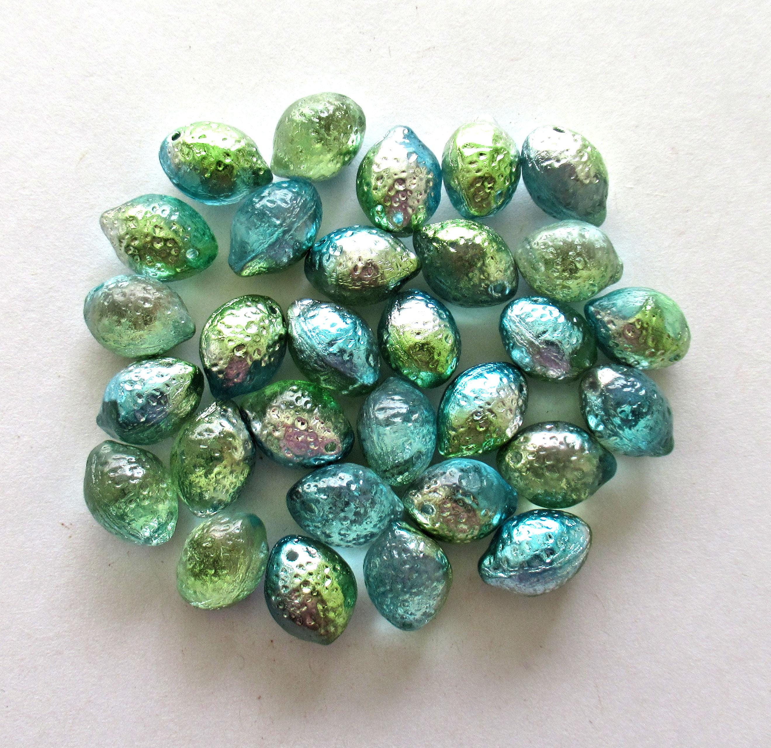 Lemon shaped drop beads - 14 x 10mm - blue green & silver - side drilled - pressed Czech glass beads - 10 pieces - C00831