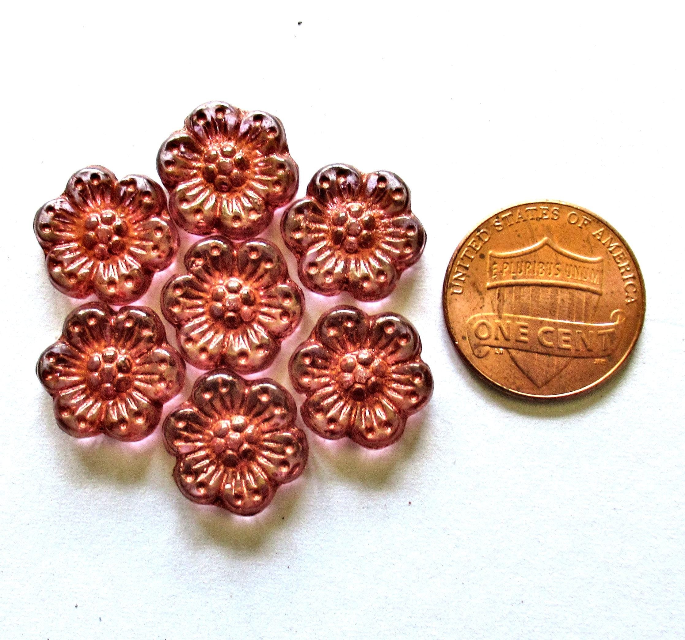 Ten Czech glass wild rose flower beads - 14mm - translucent pink with an antique copper wash- C00131