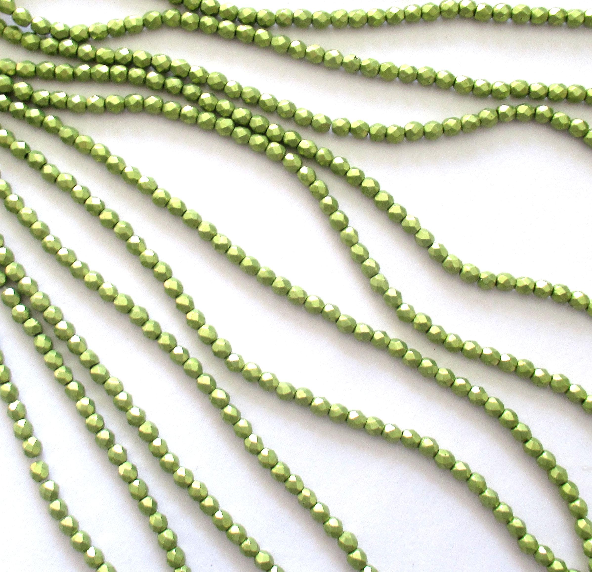 50 3mm Czech glass beads - bright lime green saturated metallic fire polished faceted round beads - C0024