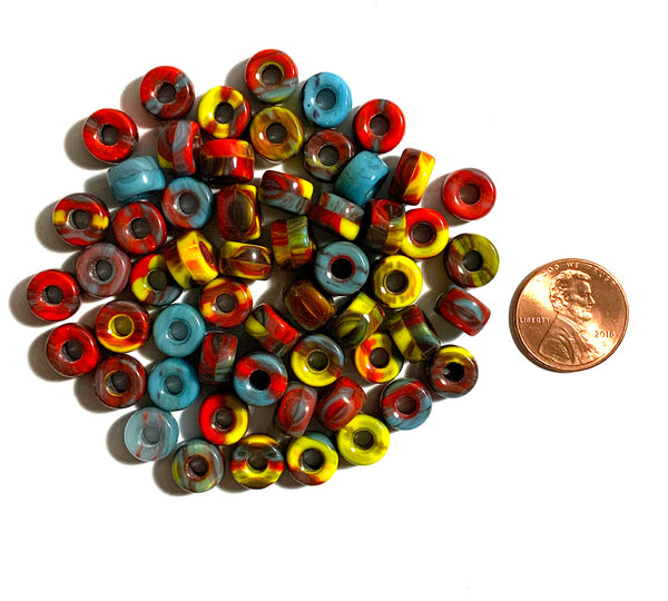 Twenty-five 9mm Czech glass pony, crow, roller beads - marbled color mix - slag glass large hole beads - C0077