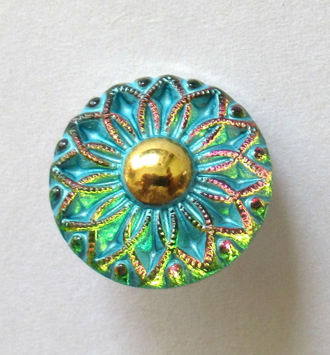 One 18mm Czech glass flower button - multicolored glass with gold accents and a turquoise wash - decorative floral shank buttons - 00371