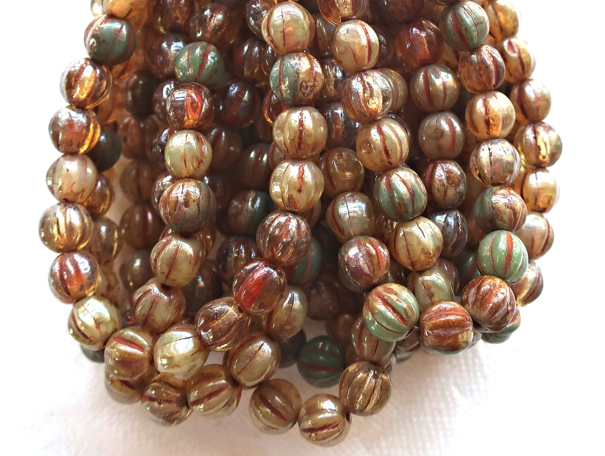 25 Czech 6mm glass melon beads, Striped champagne picasso beads, earthy, rustic mix pressed beads C0801