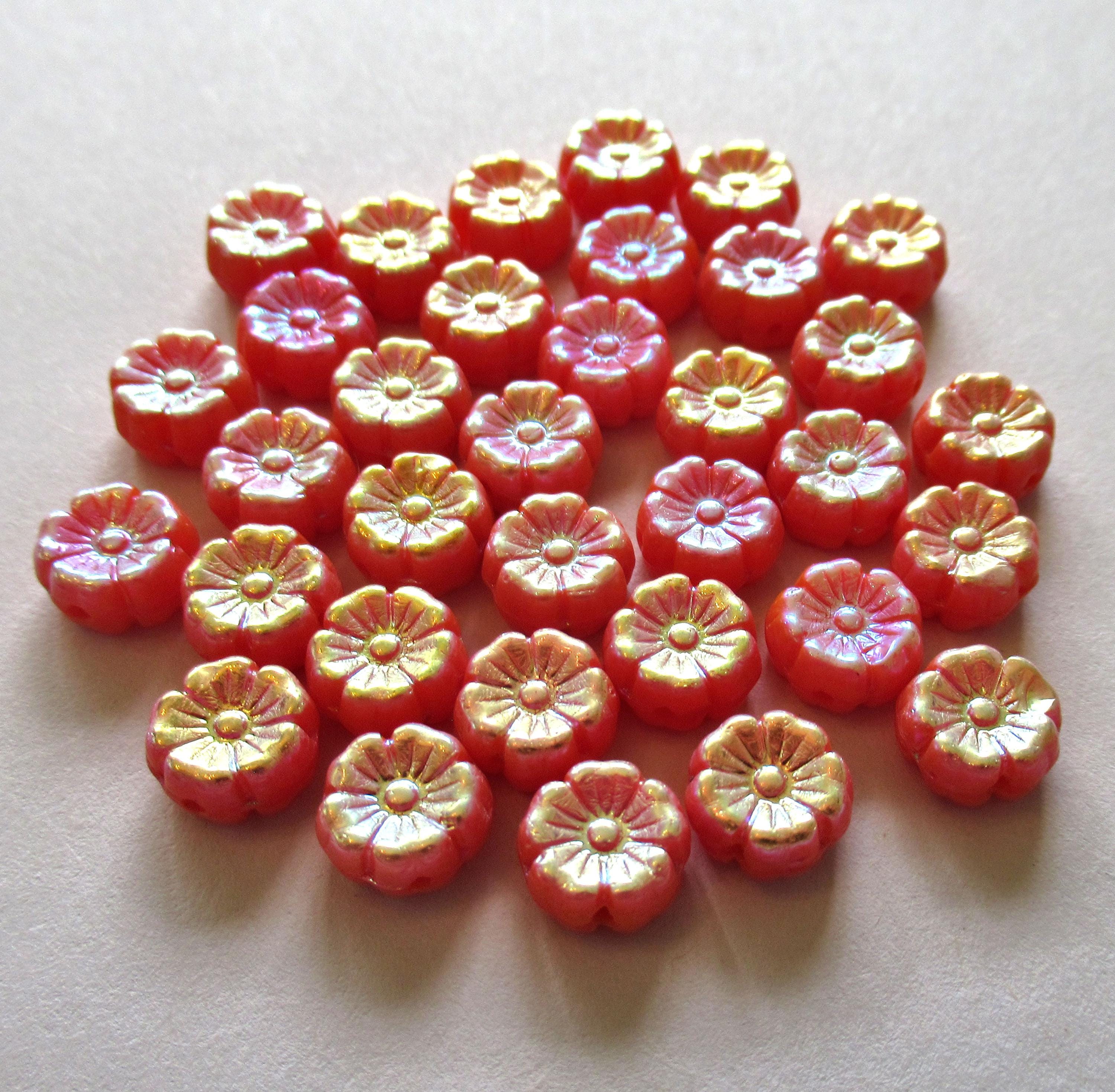 Fifteen 8mm Czech glass flower beads - opaque orange with an ab finish on both sides - pressed glass Hawaiian hibiscus flower beads C00501