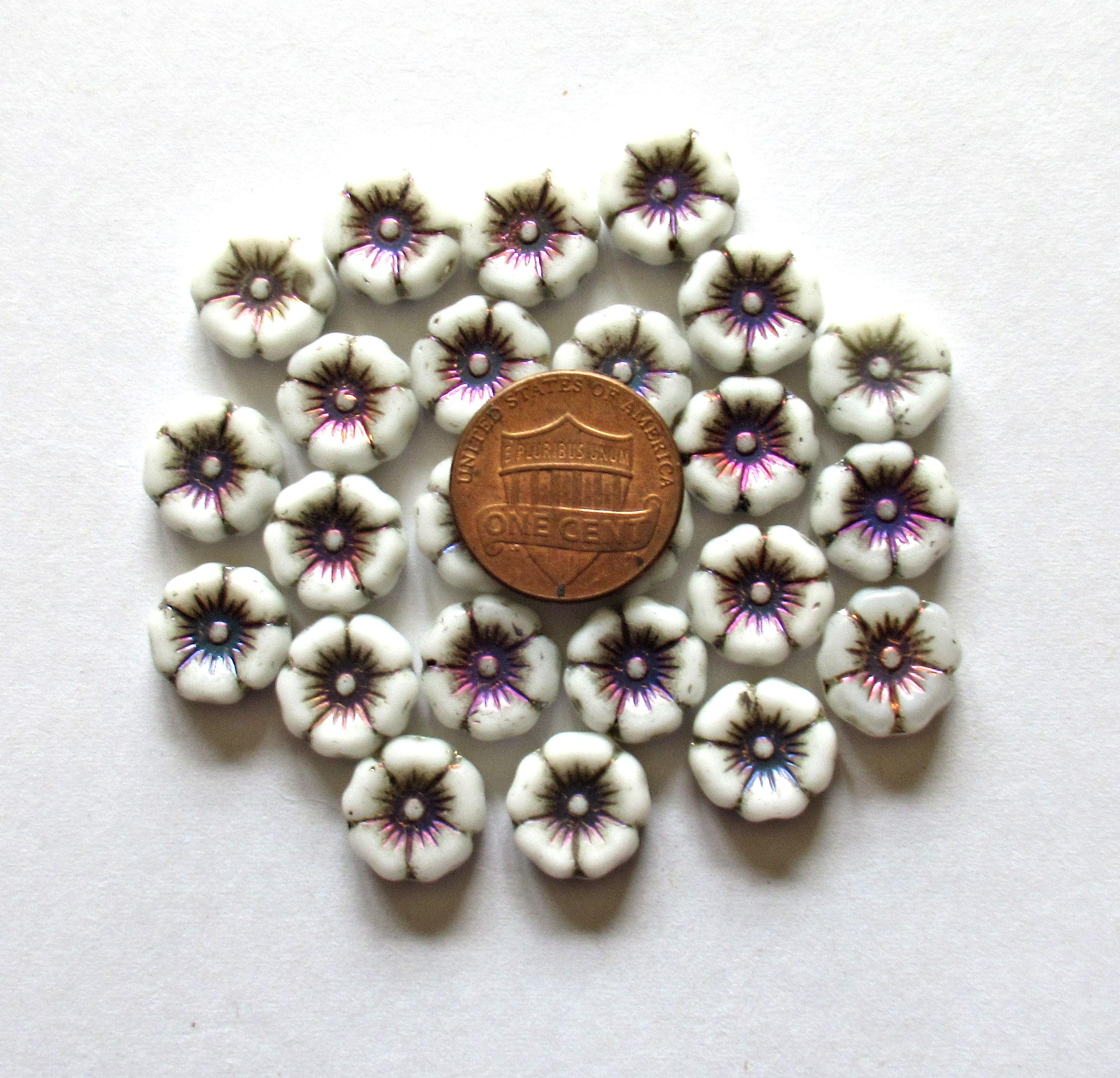 8 Czech glass flower beads - 12mm - opaque white Hawaiian hibiscus flowers with a purple & pink metallic wash - C00051