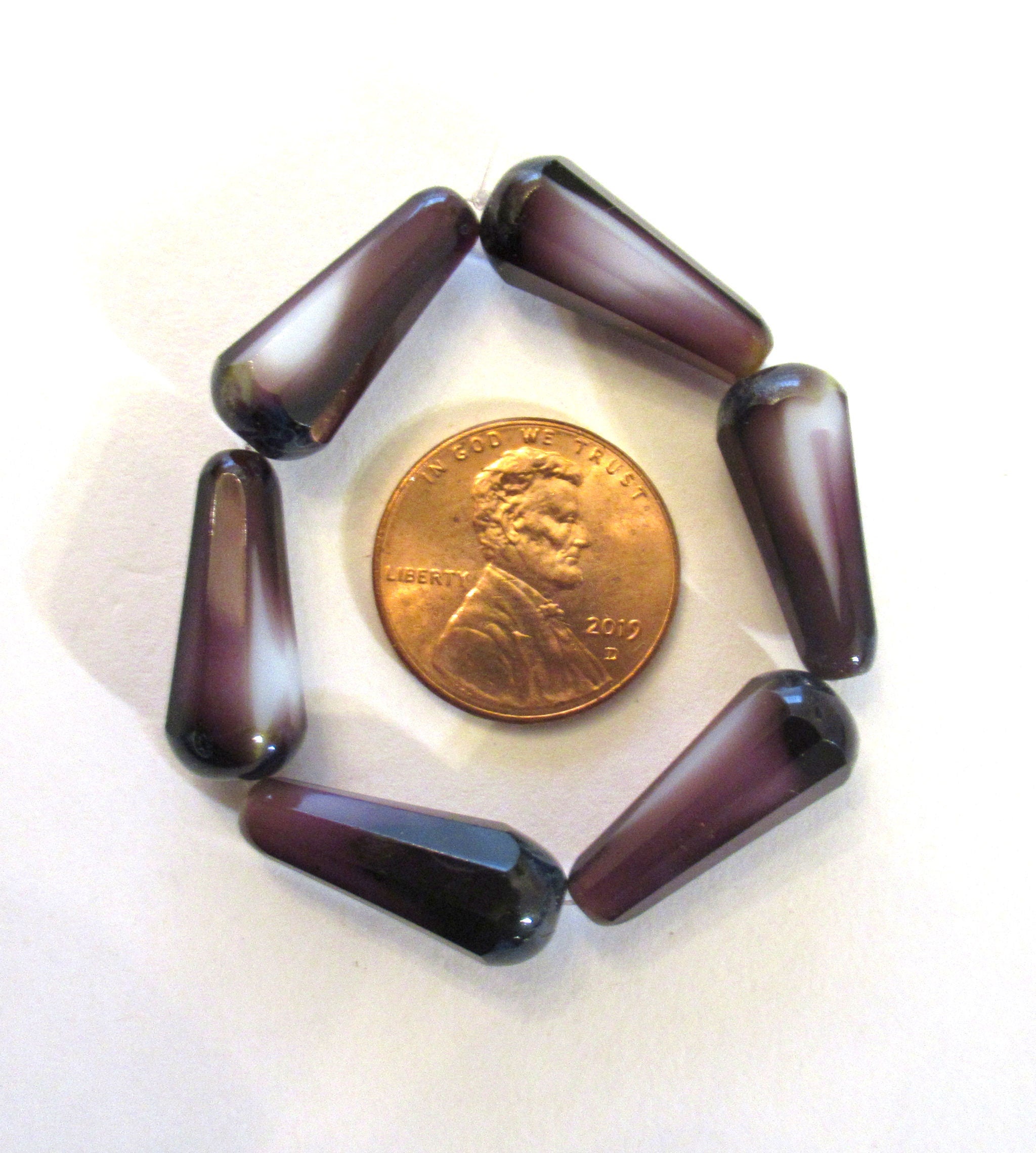 Six Czech glass long faceted teardrop beads - amethyst purple w/ white hearts & picasso finish on the ends - 9 x 20mm drop beads - 00552