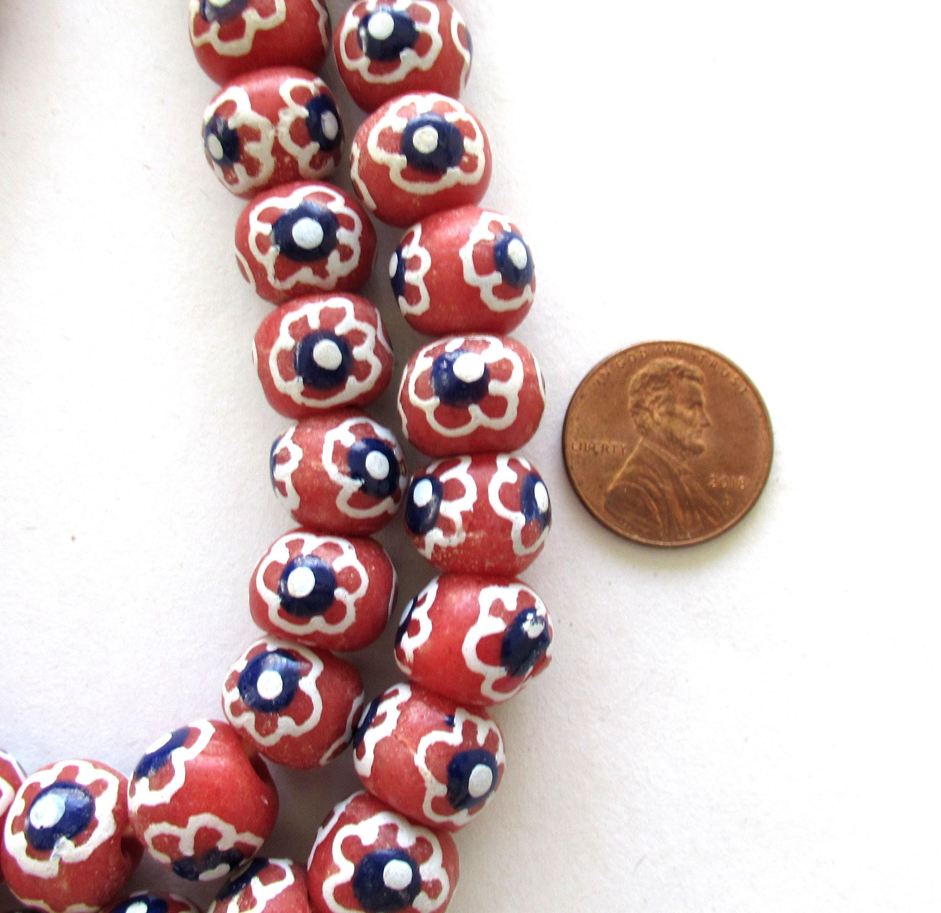 African Ghana Krobo glass donut or rondelle beads - red white & black flower beads - 12mm - big hole rustic beads - 8 beads - C00321